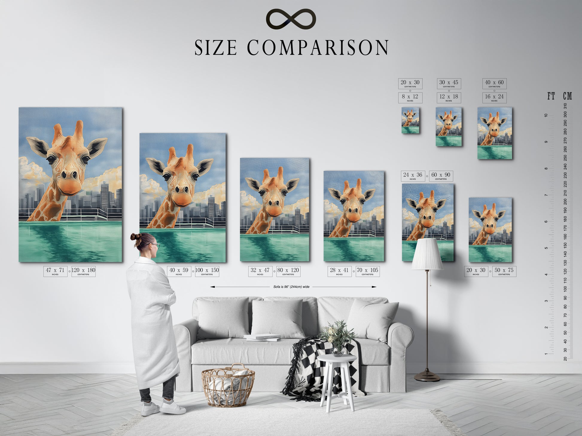 A size comparison chart displayed in an interior setting helps you visualize the perfect dimensions for your giraffe skyline artwork. Choose the ideal size to complement your living room or playroom.