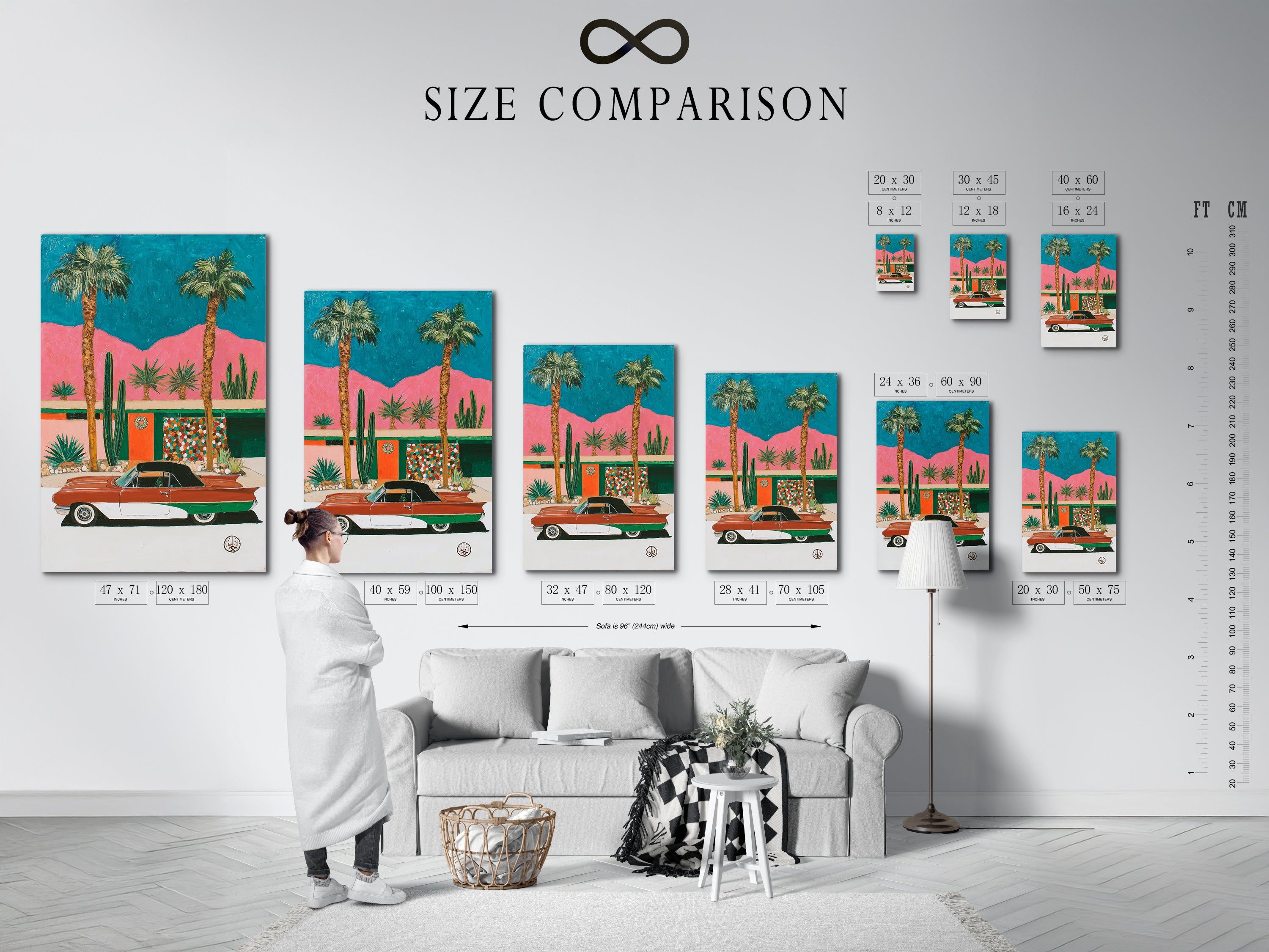 A size comparison chart displayed in an interior setting. The chart shows various sizes of retro Palm Springs art prints. This helps you visualize the perfect fit for your space. Choose the ideal size for your mid-century modern desert wall art. It will complement your decor.