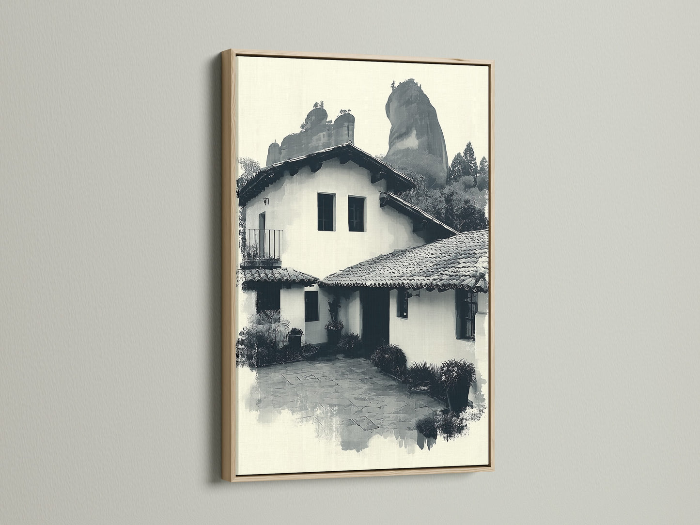 A monochrome Hacienda artwork is showcased in an oak frame. This rustic canvas print enhances traditional home decor. It is ideal for living rooms and studies. The artwork captures Spanish home decor elements.