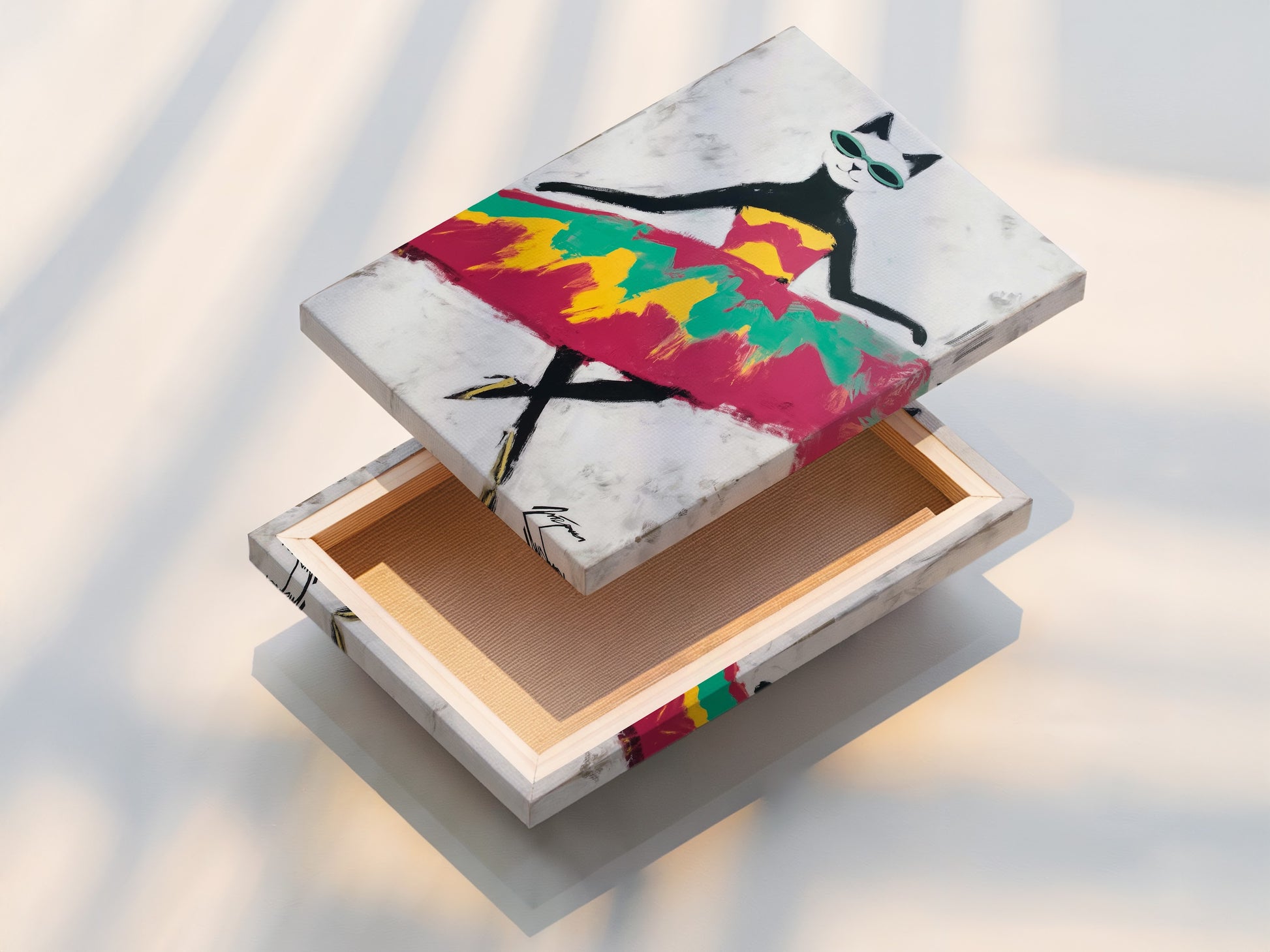 This is a stretched canvas print of the Cool Cat Art Print. The retro sunglasses wall art is vibrant. It's ready to hang in your kids' room. The colorful abstract animal canvas is durable. This playful wall art makes a statement.