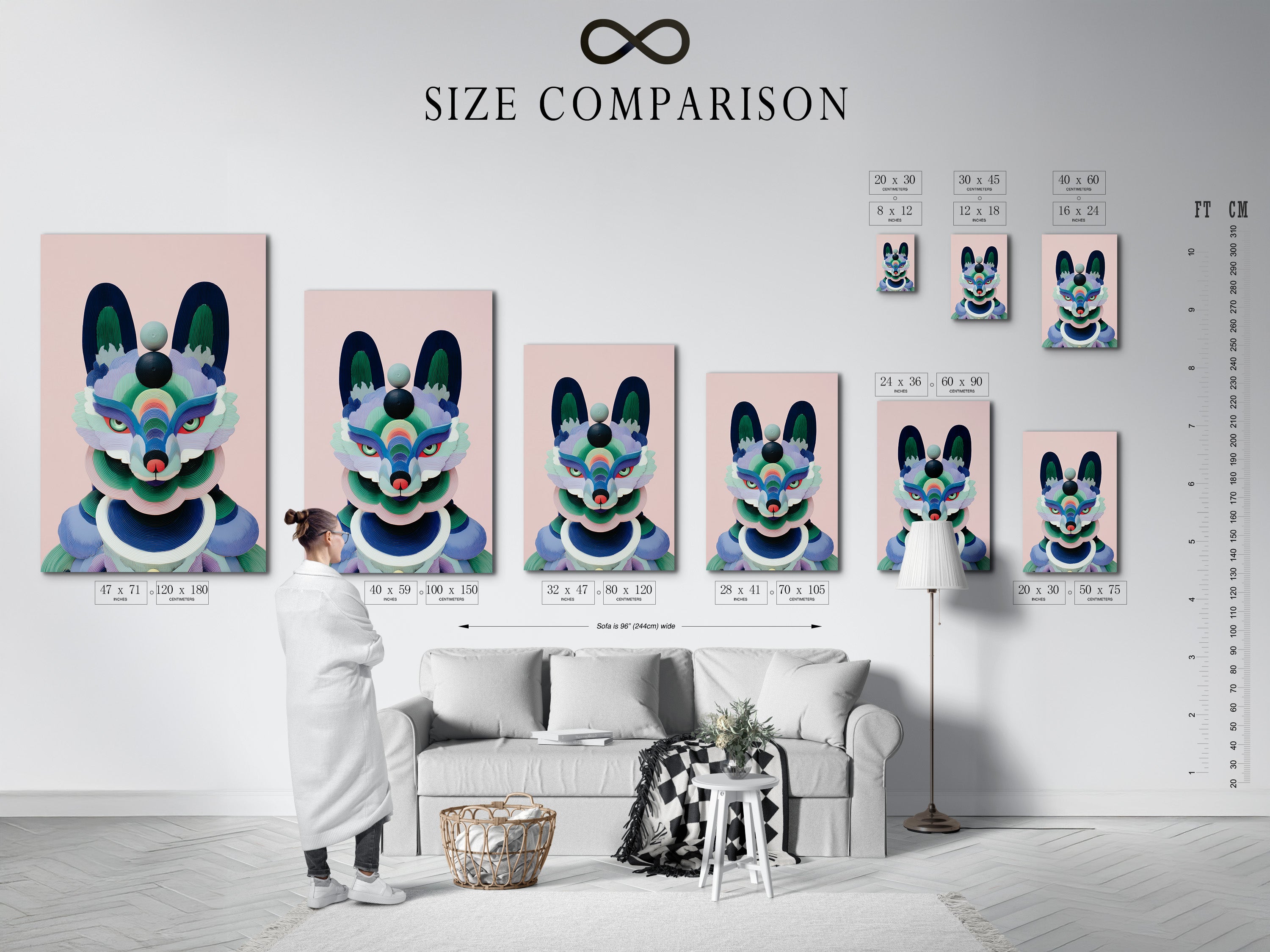 Size comparison chart in an interior setting. The geometric fox artwork is shown in various sizes to help visualize the perfect fit for your space. This modern animal art enhances any room.