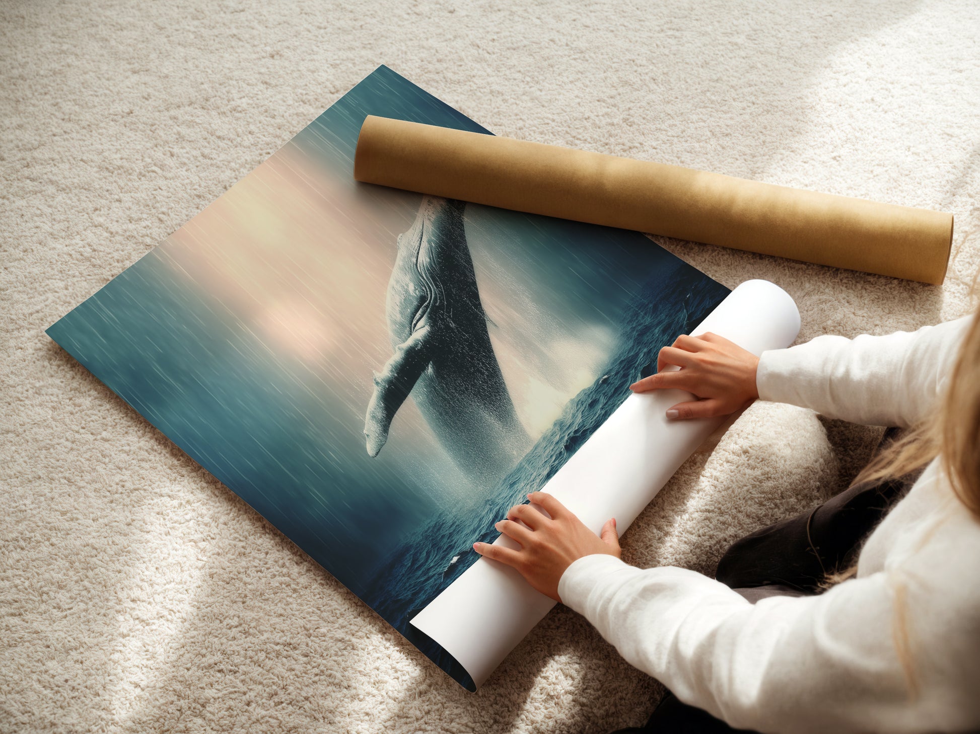 A woman is rolling a fine art poster paper. It is ocean wildlife wall art. It features a humpback whale. This is marine life artwork. The whale artwork is perfect for coastal wall decor. It is a sea life print.