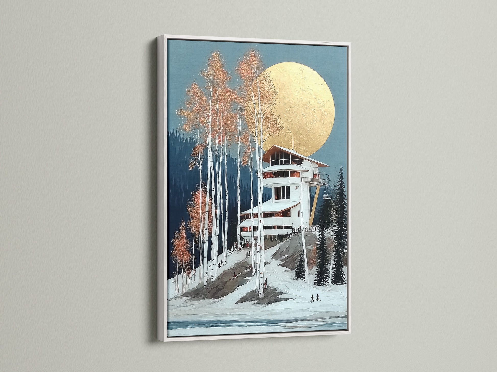 Winter Ski Lodge art print in a white frame. This modern artwork brings a snowy mountain view indoors. The white frame complements any decor style. It's great as bedroom wall decor. This piece enhances the ambiance of ski chalets and winter homes. Enjoy the serenity of an alpine landscape.