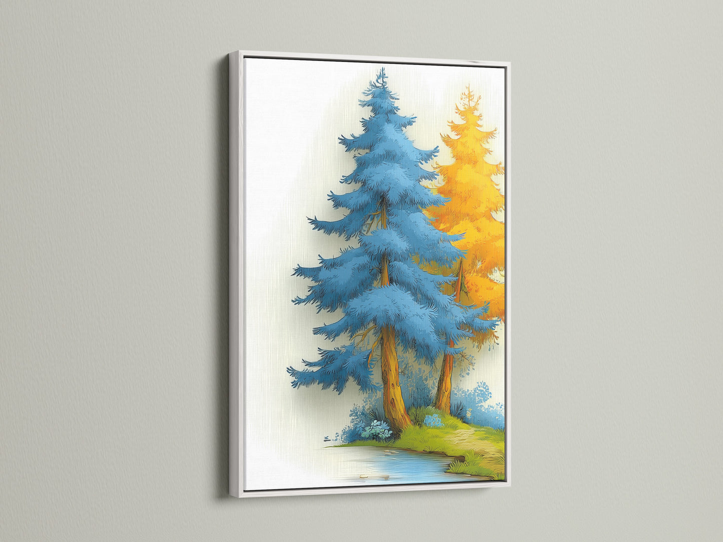 The Blue Forest canvas print looks stunning in a white frame. This teal wall art adds a fresh modern touch. The white frame makes the blue tree decor pop. This nature canvas enhances any living room wall art. Gold tree art complements eclectic styles. It's perfect for brightening up studios and clinics. Transform your bedroom with this artwork.