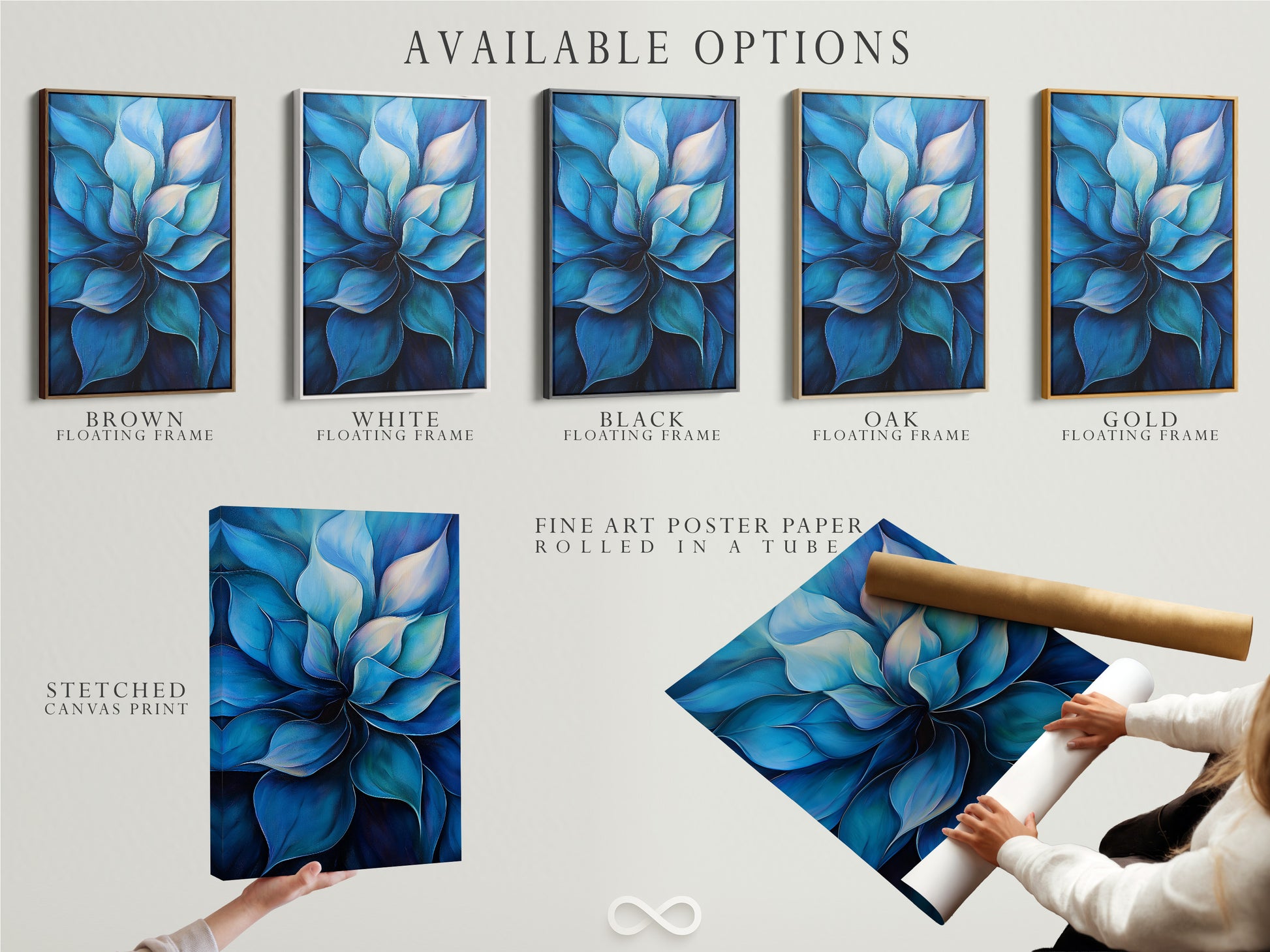 Available options are displayed: stretched canvas print fine art poster paper and floating frame. This shows the versatility of the blue flower artwork. Customers can choose the perfect format for their style. These options cater to various tastes and interior decor needs. Find the perfect style for you.