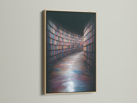 An oak frame presents a stunning library bookshelf art print. This academia artwork enhances any room. Ideal for study wall decor. It brings a touch of intellectual style. Perfect as a book lover gift. Add sophistication to your living space with this fine art piece.