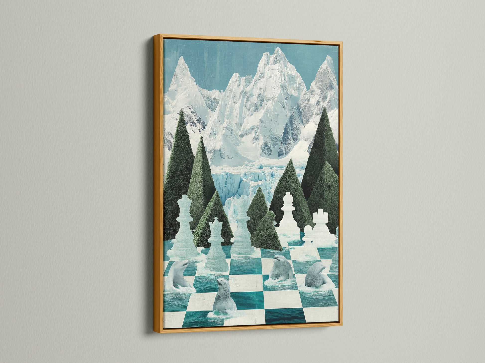 Elevate your space with the Chess Arctic Canvas Print in a gold frame. The gold frame adds a touch of luxury to the polar bear wall art. The teal chessboard artwork shines with this elegant frame. Perfect for adding a sophisticated touch to your home art collection.