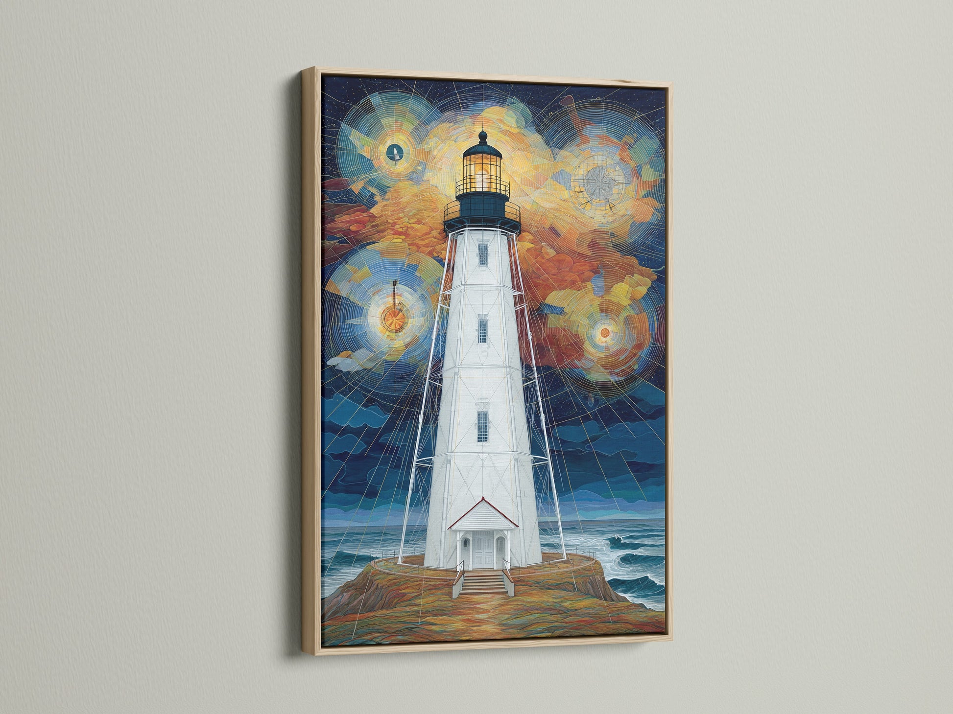 Lighthouse geometric sky artwork in an oak frame. This coastal wall art brings a nautical touch to your home. The geometric sky print features a stunning lighthouse. The oak frame complements the art's minimalist design. It's ideal for living rooms bedrooms and beach houses