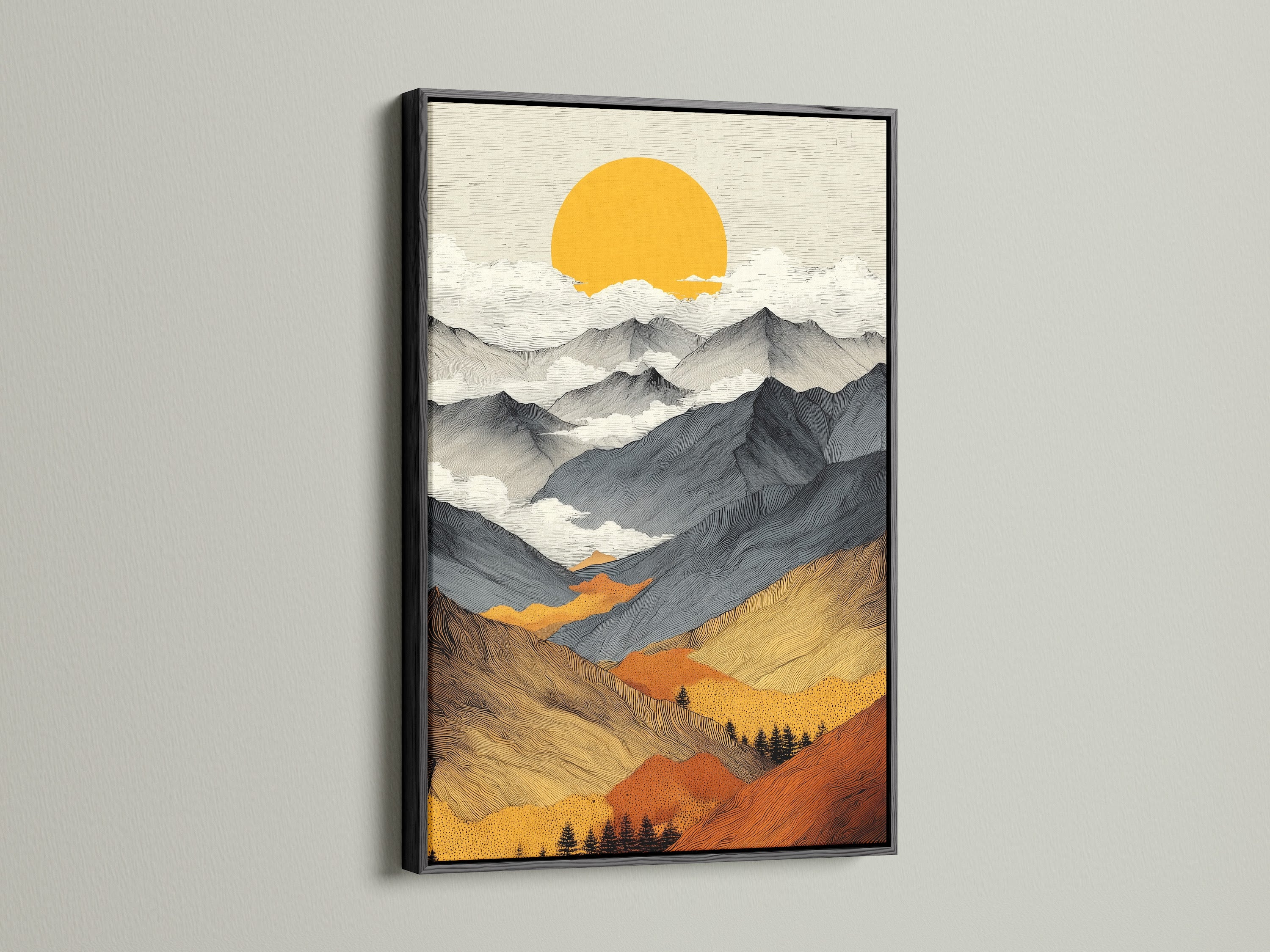 The mountain sunrise canvas artwork is presented in a sleek black frame. This abstract landscape art adds sophistication. The golden sun nature poster complements modern decor. Black frame provides a bold contrast to the artwork. Elevate your home office art with this nature-inspired piece. Explore the beauty of warm tone prints.