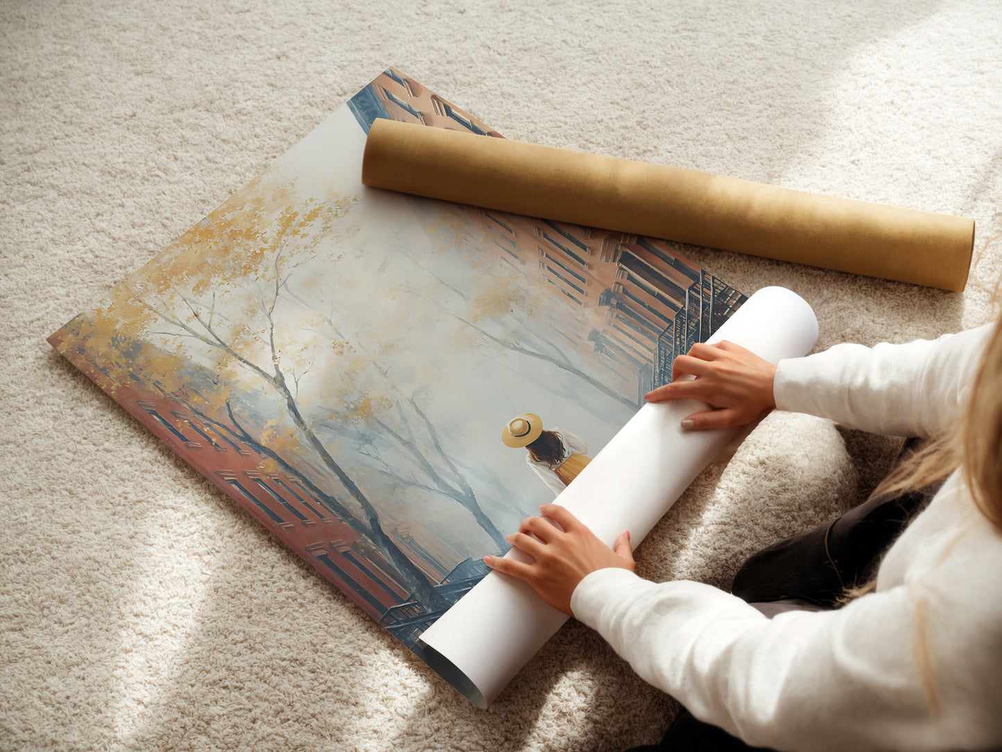 A woman is carefully rolling a fine art poster paper. The poster paper features the City Street artwork. The artwork features a woman and her dog. The fine art poster paper showcases the artwork's details. This is a great option for those seeking a versatile art piece.