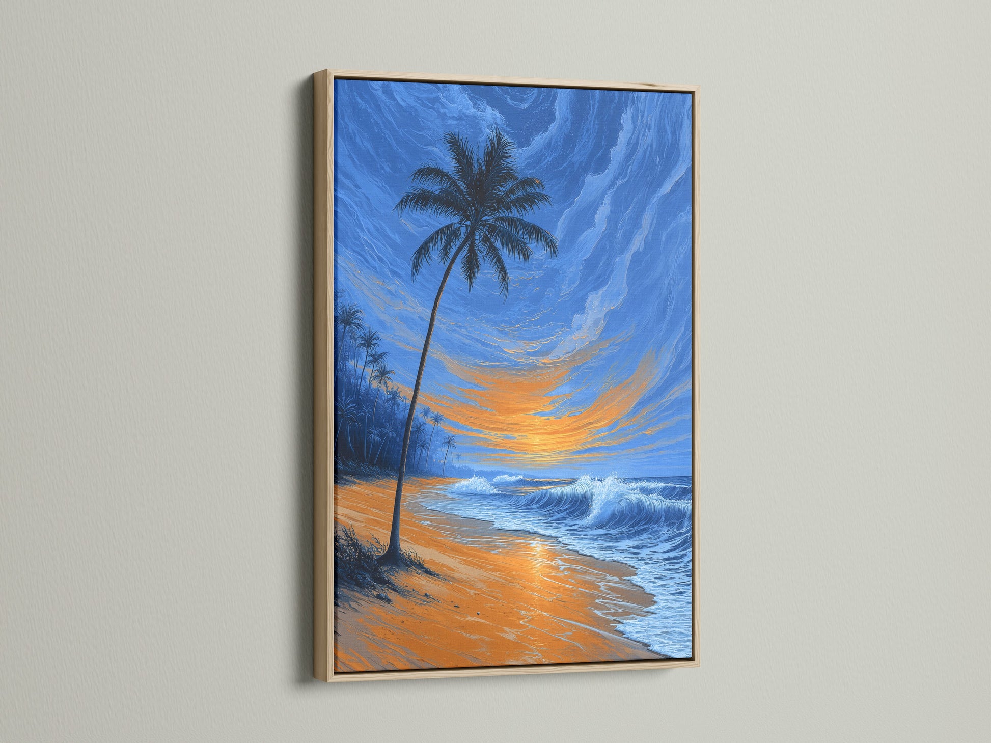 Tropical beach art showing a palm tree at sunset. The artwork is framed in a natural oak frame. Ocean waves gently roll onto the shore. This coastal wall decor is ideal for living rooms or bedrooms. Bring the serene beach vibe indoors.