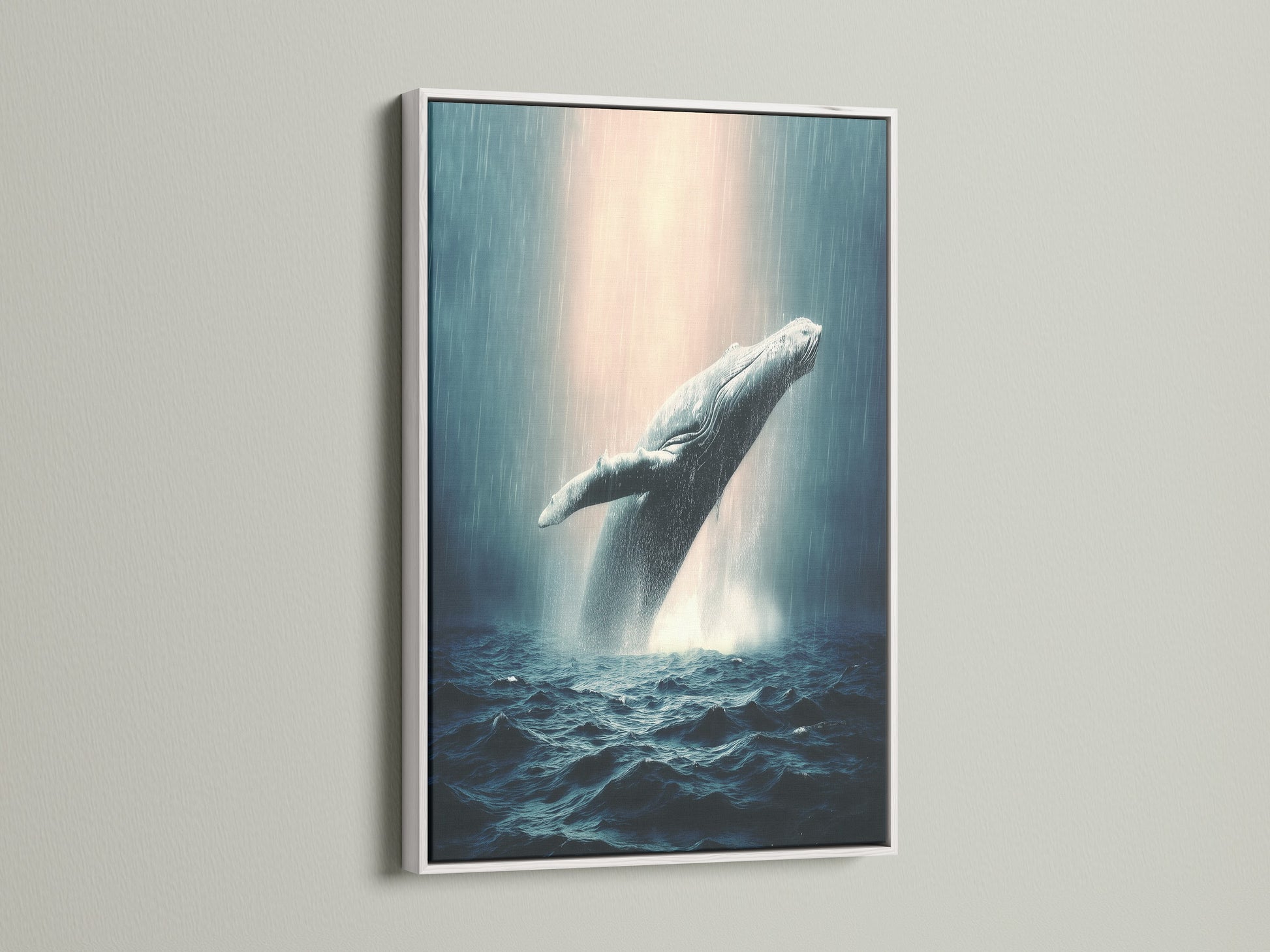 Whale artwork in a white frame. It is ocean wildlife wall art. It features a humpback whale. This is marine life art. The whale artwork is perfect for coastal wall decor. This is sea life print.