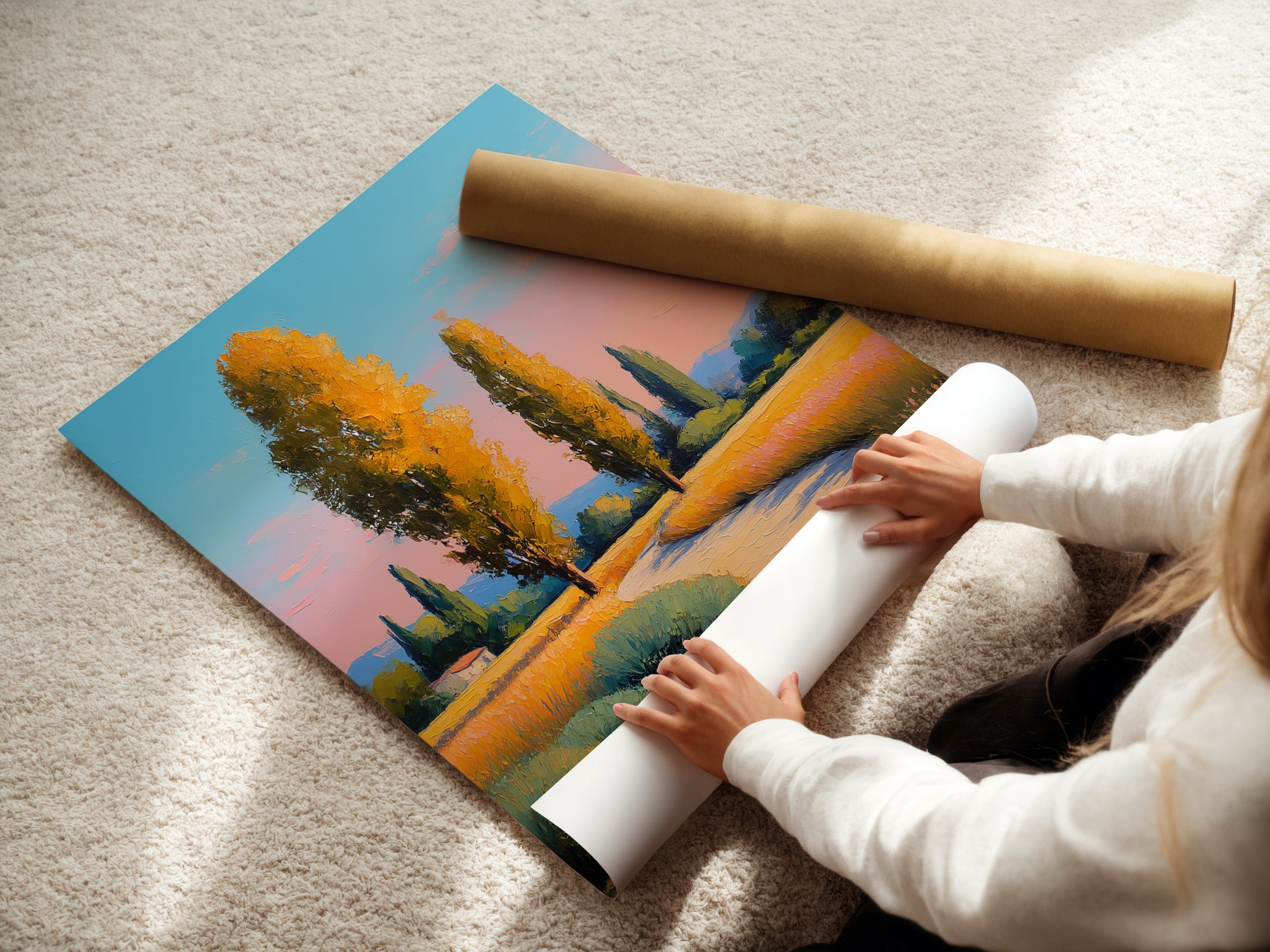 A woman carefully rolling a fine art poster paper. Preparing a Tuscany Landscape artwork for display. The golden poplar trees wall art is ready to enhance any room. Perfect for homeowners and interior decorators.