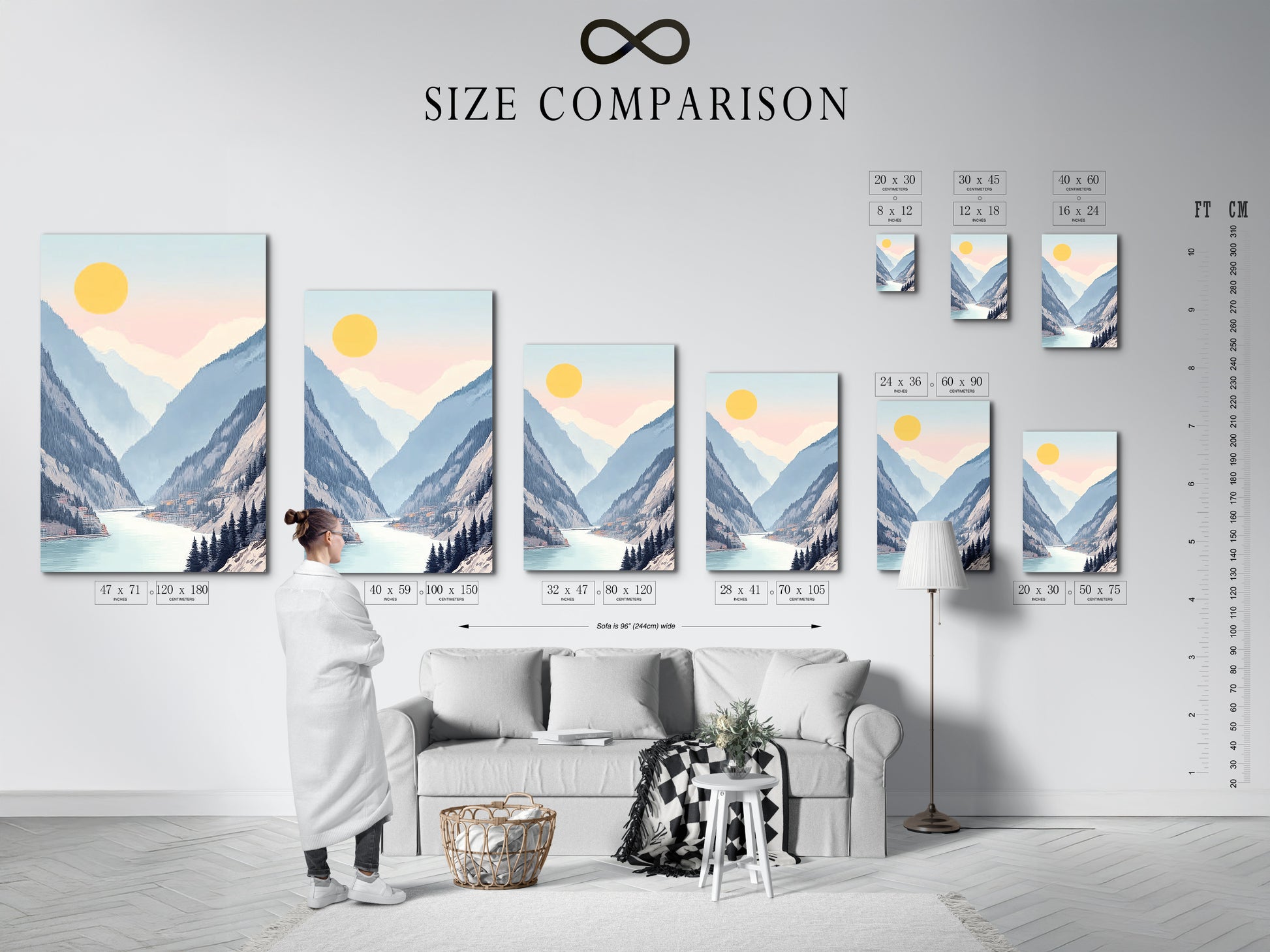 A size comparison chart is displayed in an interior setting. This helps you visualize the perfect fit for your space. Choose from various sizes of our mountain lake canvas and valley wall art. Find the ideal pastel landscape artwork for your office or home decor. Discover serene art.