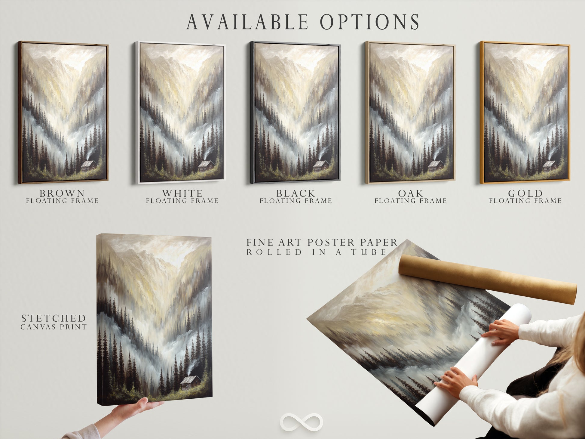 Explore available options for the Mountain Cabin artwork. Choose from a stretched canvas print. The fine art poster paper is also an option. Consider a floating frame for added elegance. Find the perfect style for your home decor today.