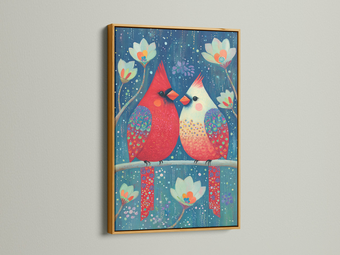 The cardinal bird canvas print is elegantly presented in a gold frame. This avian artwork brings nature's beauty to your walls. The colorful bird art is ideal for a nursery or any room needing a whimsical touch. A perfect gift for bird lovers.