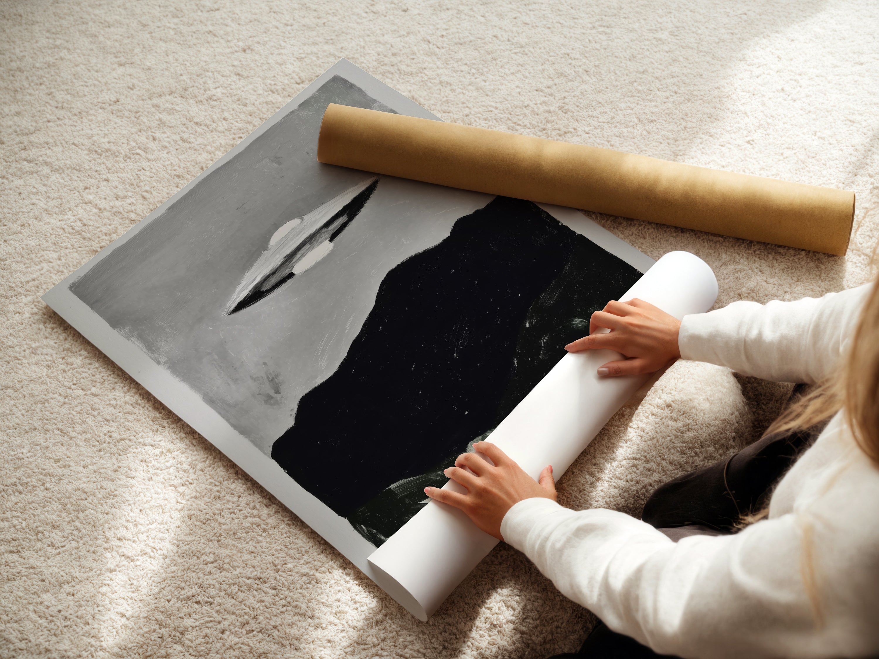 A woman is rolling a fine art poster paper. This UFO Sci-Fi art print is ready to be displayed. This is the perfect way to add a touch of retro space to your home. This is an ideal gift for lovers of space art.