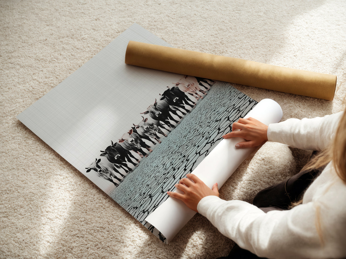 A woman rolling a fine art poster paper featuring cattle. Get high quality farm animal prints. Perfect for any art lover. Explore fine art posters for your rustic home decor today.