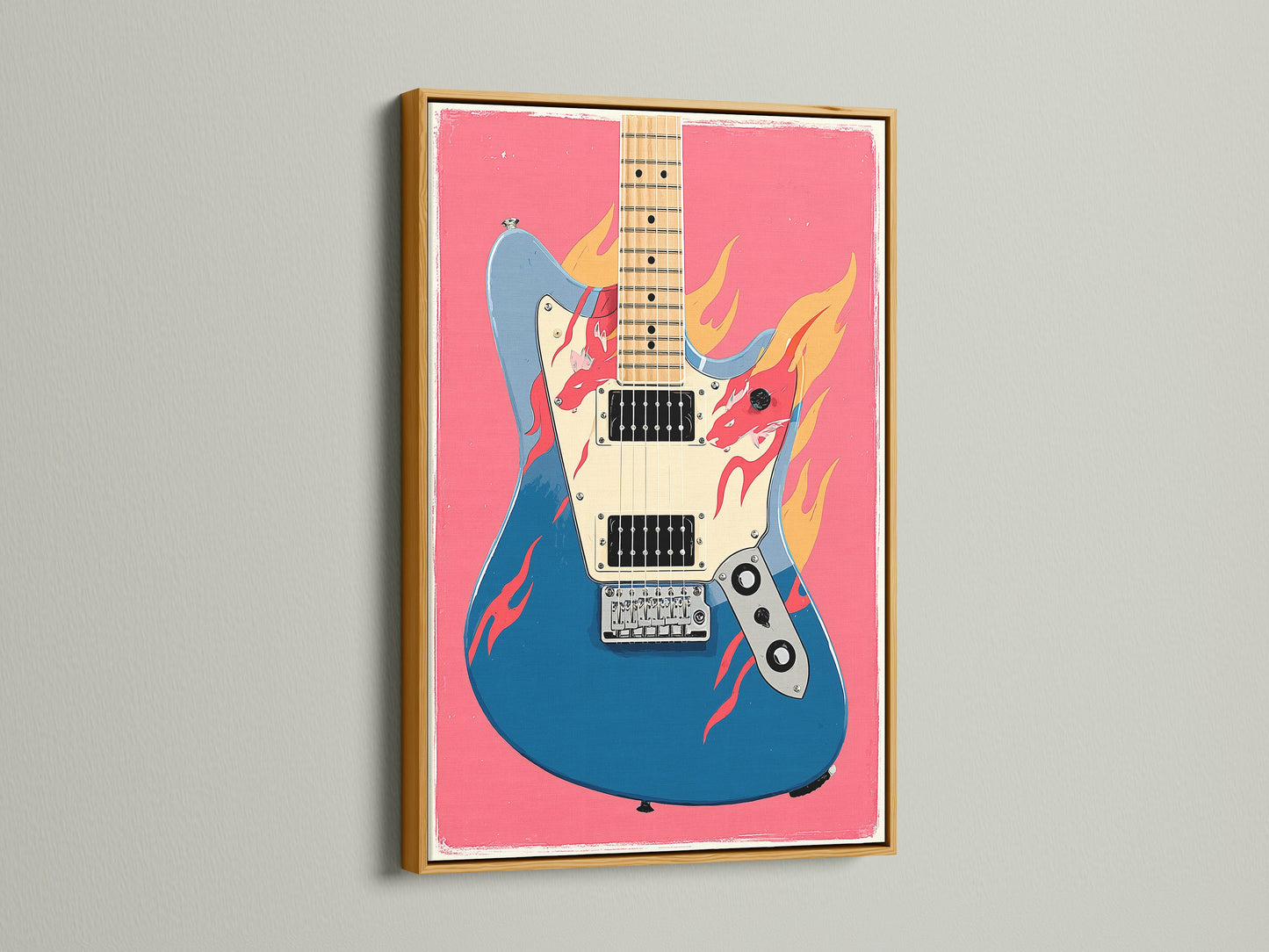 The electric guitar artwork is set in a luxurious gold frame. This adds a touch of opulence to the modern artwork. The gold complements the blue and pink tones. This makes it a standout piece for any wall.