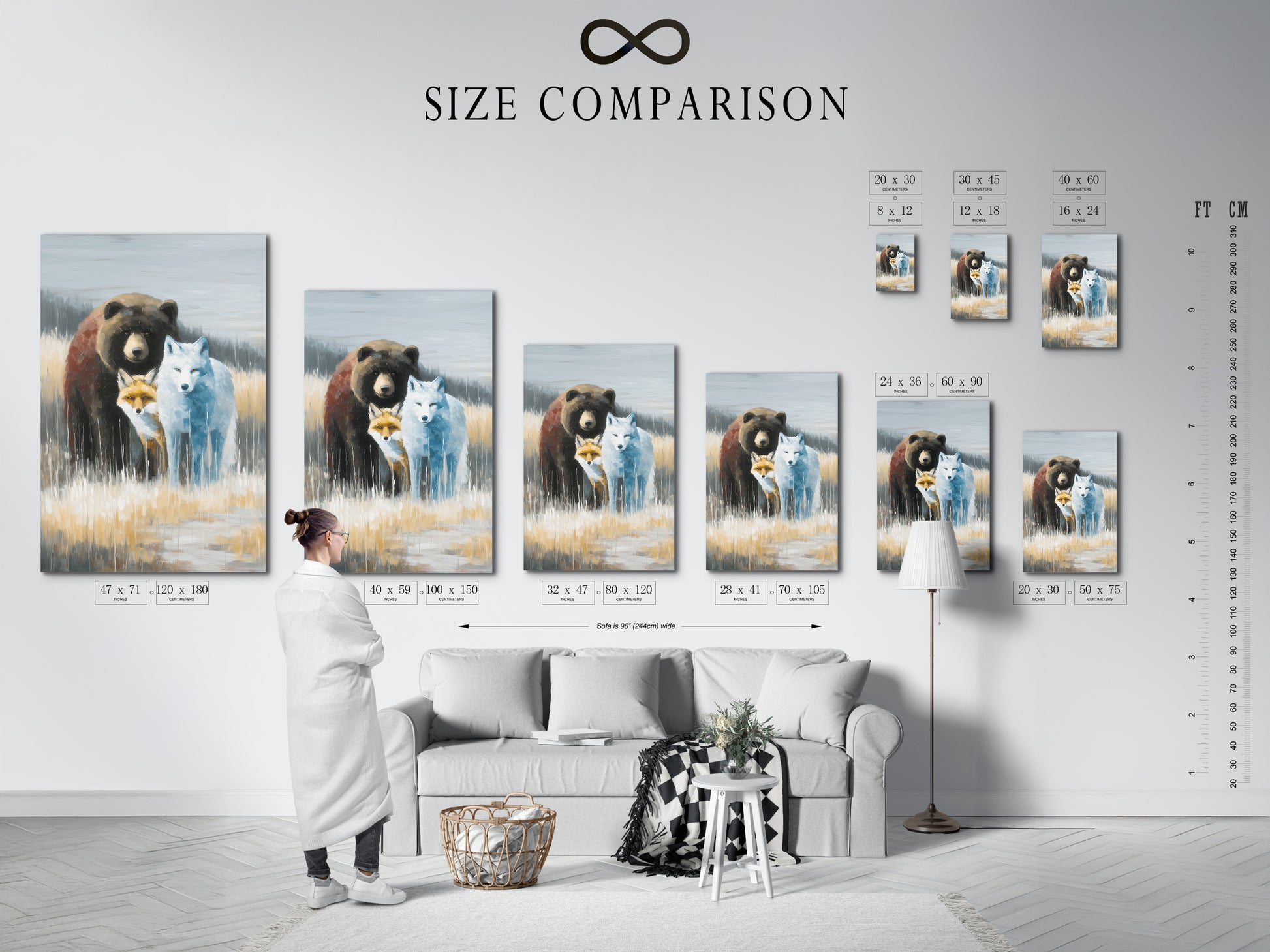 Size comparison chart of Wildlife Trio artwork in an interior setting. See how this animal canvas fits in your space. Available in various sizes. Perfect for bear artwork fox prints and wolf art. Enhance your home with rustic decor.