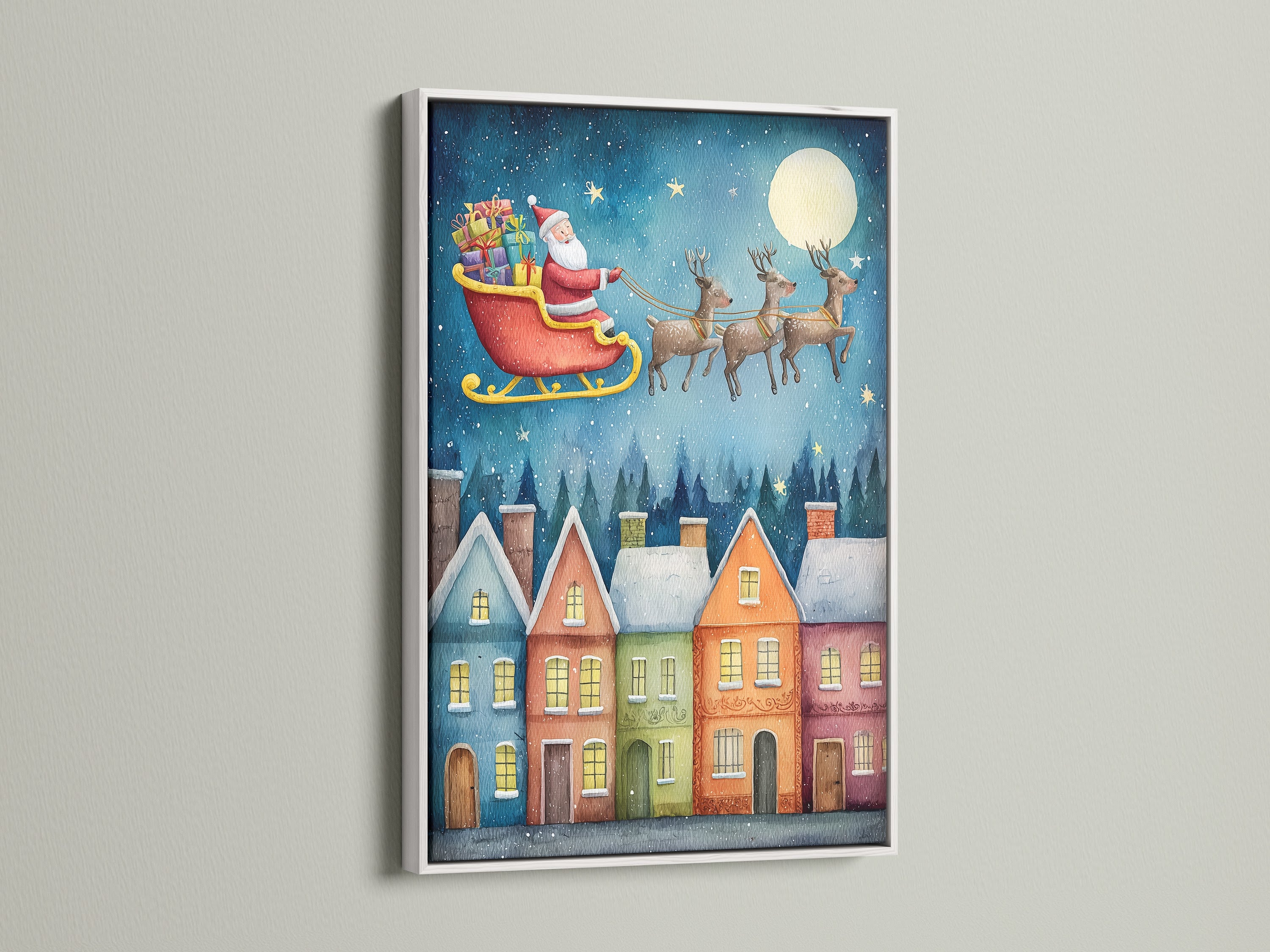 Santa's Sleigh canvas print in a white frame. The watercolor art complements eclectic styles. This Christmas canvas adds a touch of winter wonderland. A perfect xmas wall decor for the holiday season.