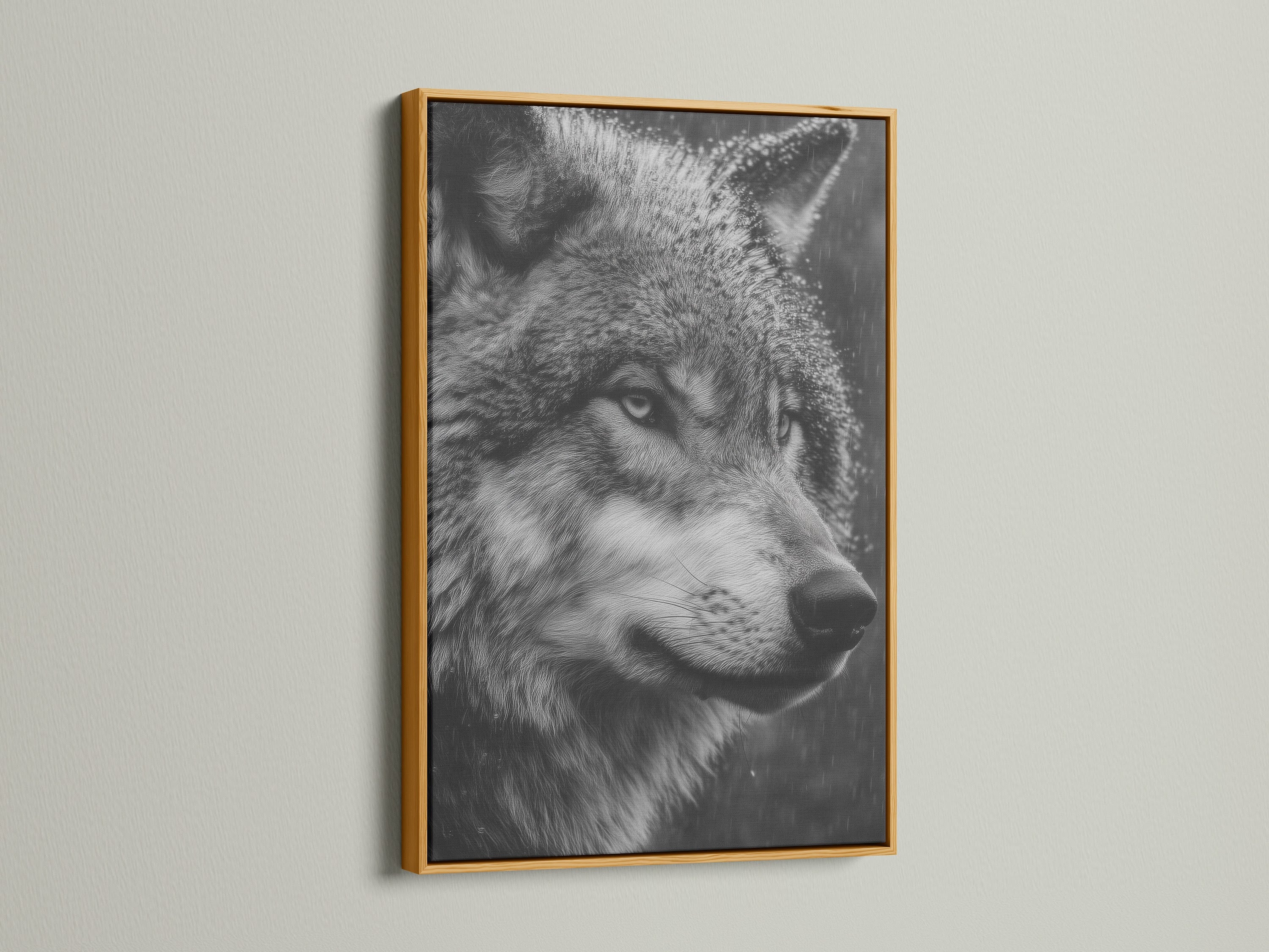 The wolf artwork is beautifully presented in a gold frame. This wildlife canvas adds a touch of luxury to your decor. The animal portrait is a stunning focal point. Elevate your wall art with this monochrome print.