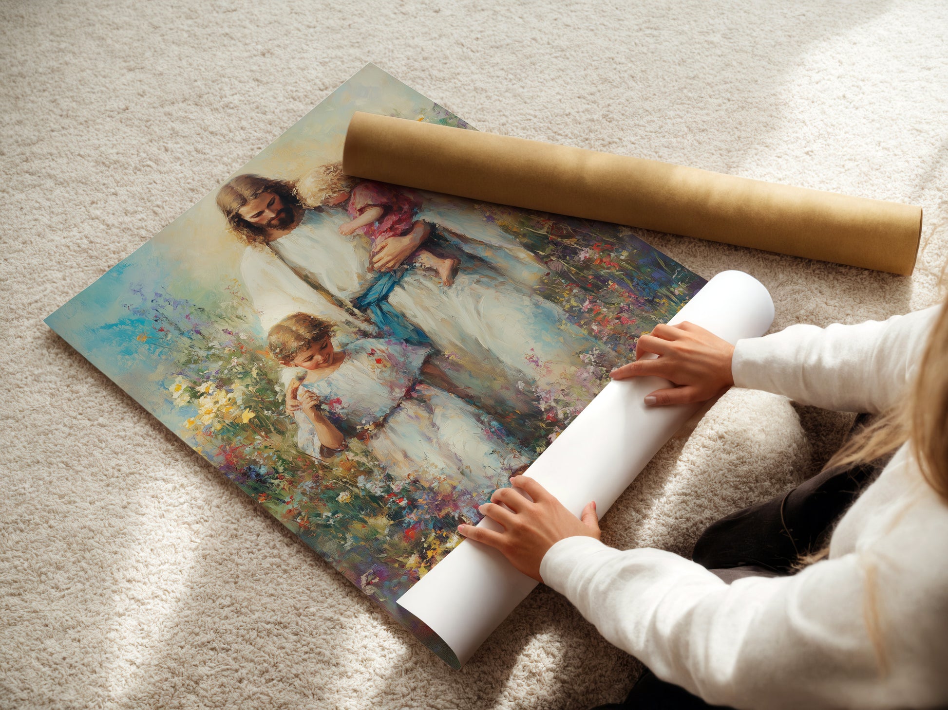A woman is carefully rolling a fine art poster paper. The fine art poster paper ensures high-quality prints. The poster paper preserves the artwork's details. Ideal for art enthusiasts who appreciate quality. Get your favorite artwork printed on premium paper.