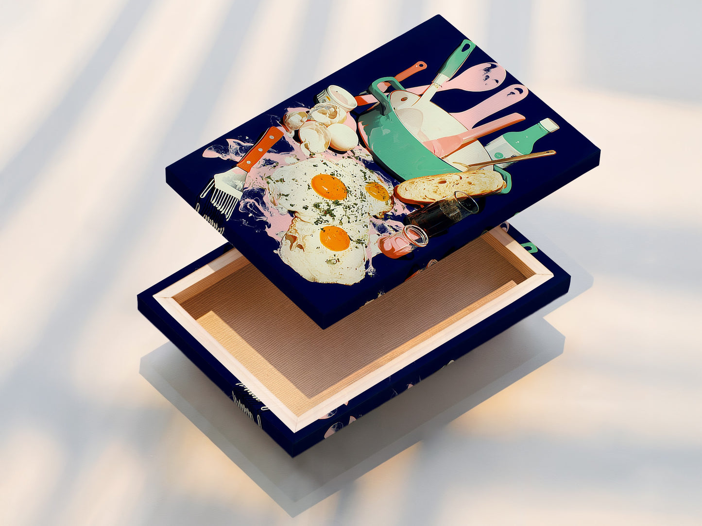 A stretched canvas print of Breakfast Still Life art. This kitchen artwork features eggs toast and utensils in a modern style. The colorful food canvas enhances dining decor. Perfect for adding a touch of art to your kitchen or cafe wall.