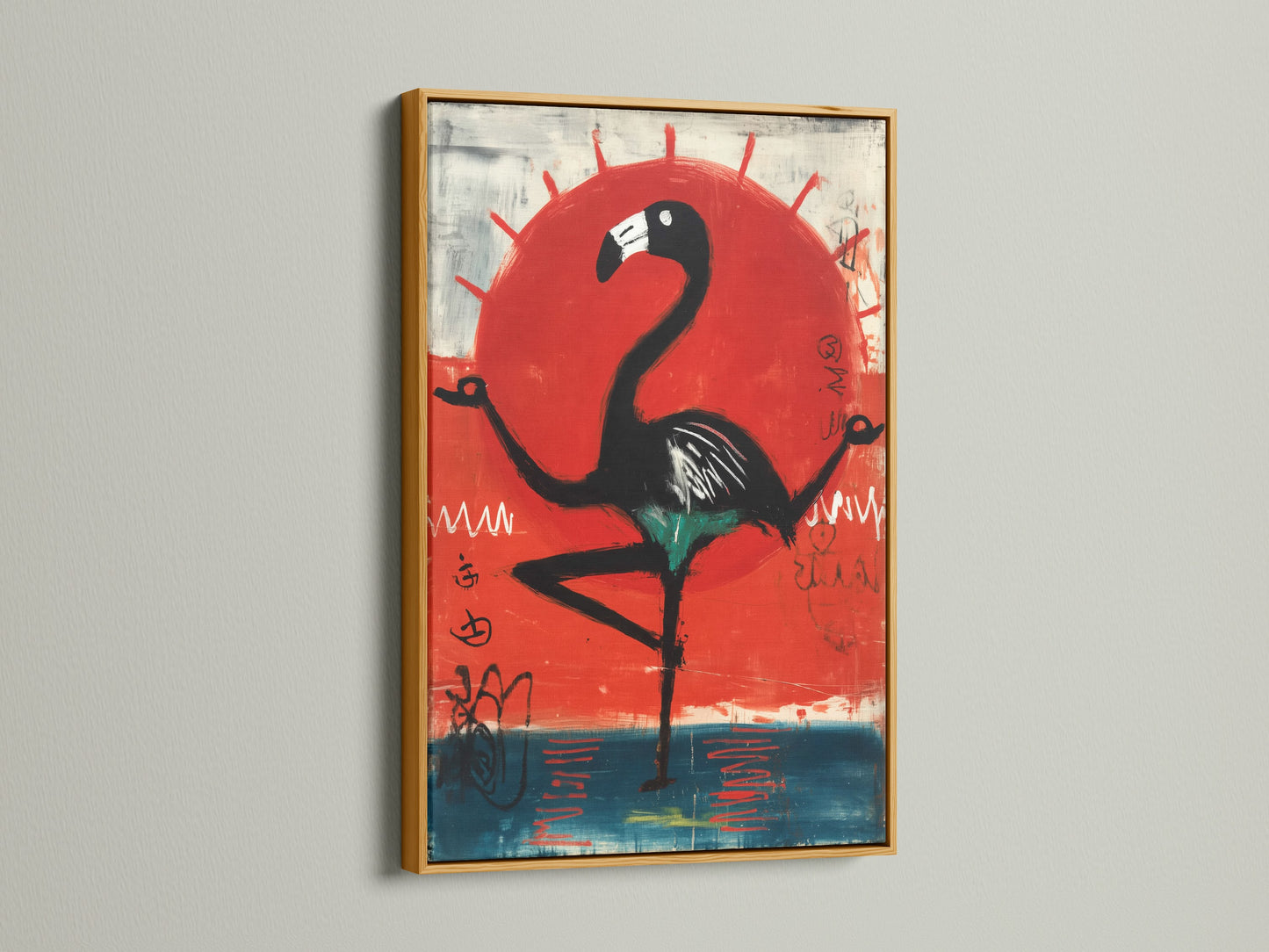 A gold frame elevates modern flamingo artwork. The shimmering finish enhances the bird art print. The gold frame adds luxury to the red sun canvas art. This frame complements coral red decor. It is perfect for living room wall art or office spaces. Enhance your bird artwork today.