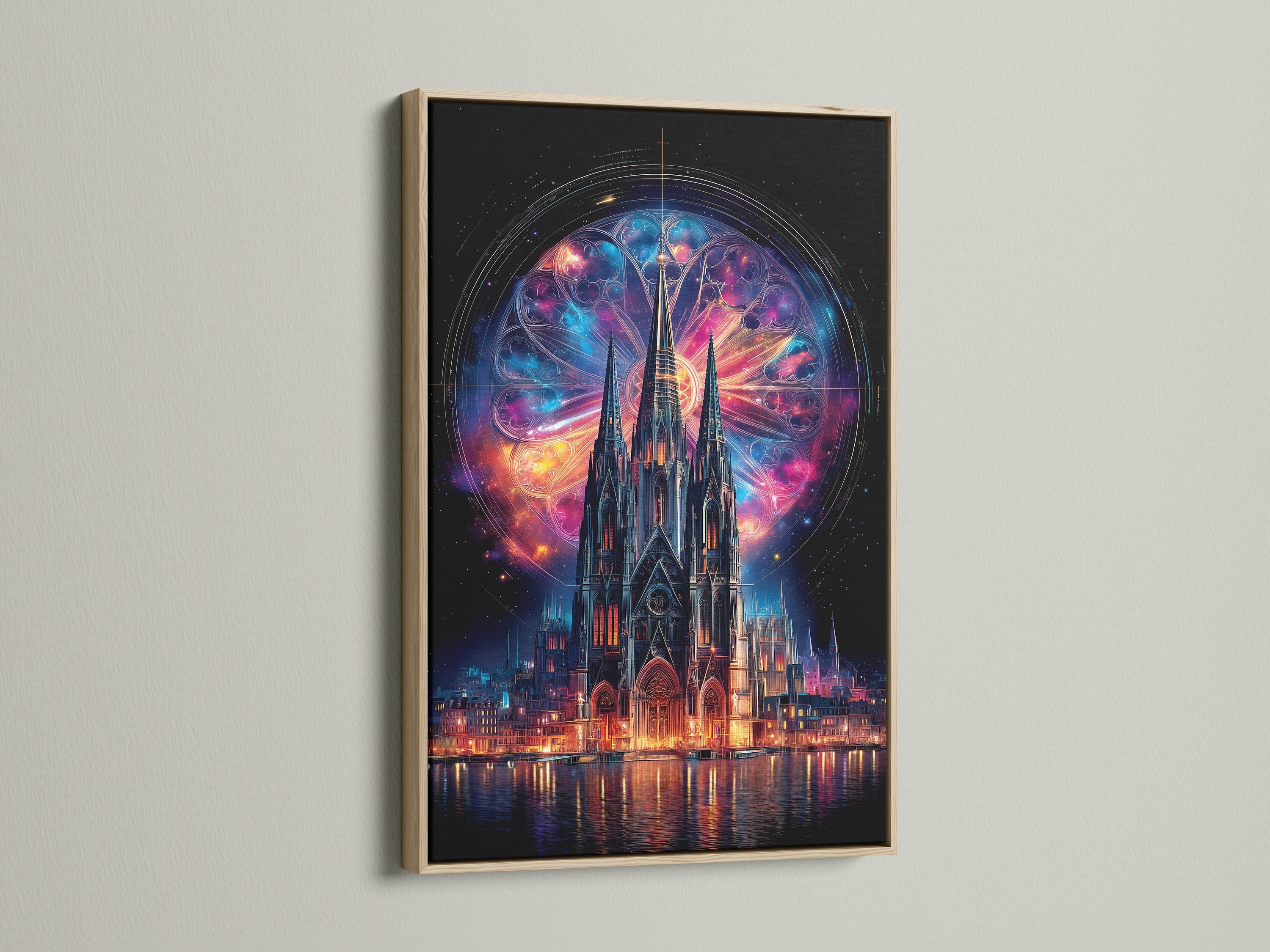 Gothic Cathedral art. It features cosmic wall art and fantasy castle print. The artwork is framed in a light oak frame. Mystical architecture for gothic home decor or fantasy wall art.