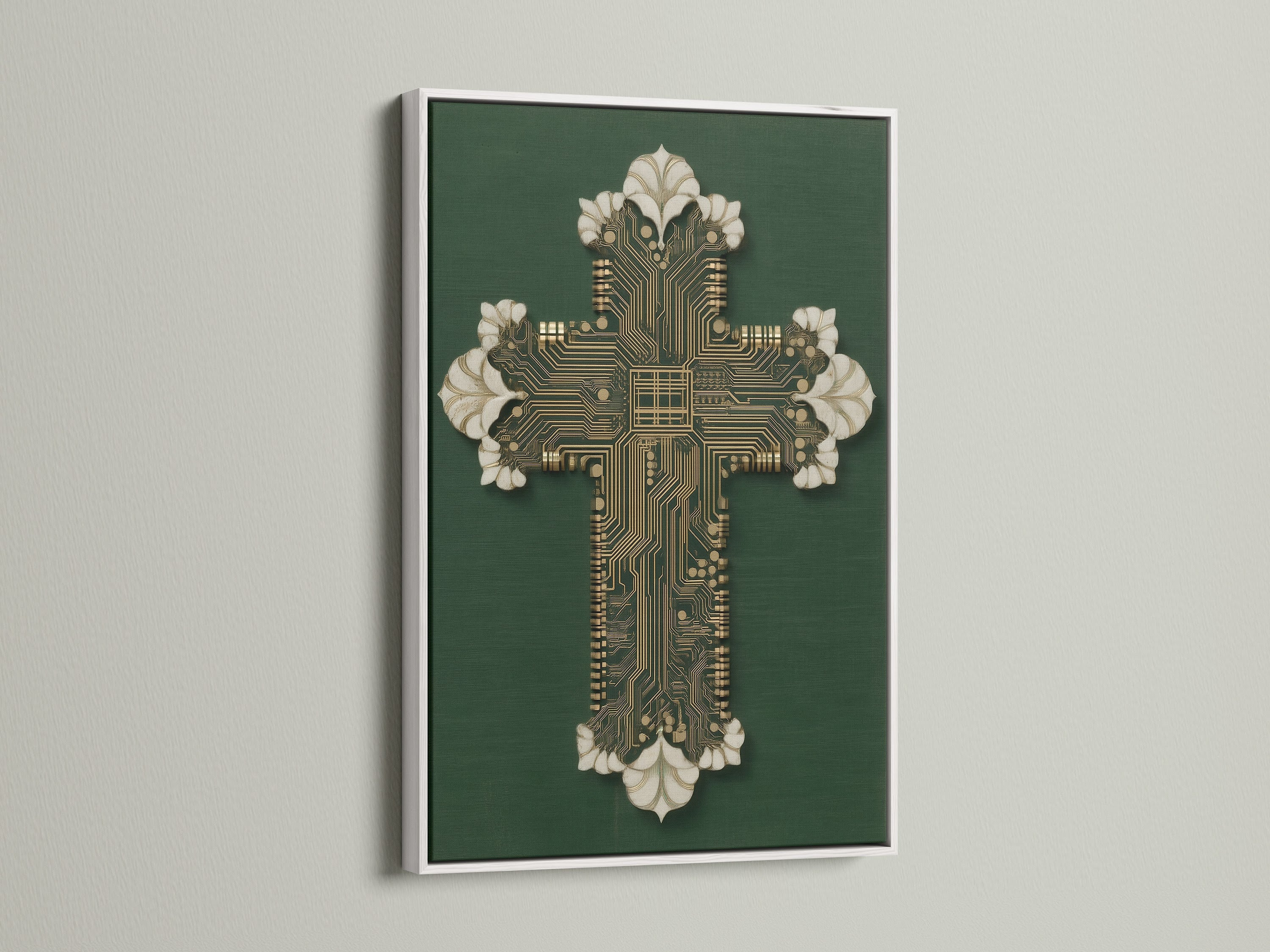 See the Circuit Board Cross Art with a white frame. This clean and modern look complements any decor. A striking piece of christian wall art. Perfect for a tech home decor upgrade or a thoughtful religious gift.