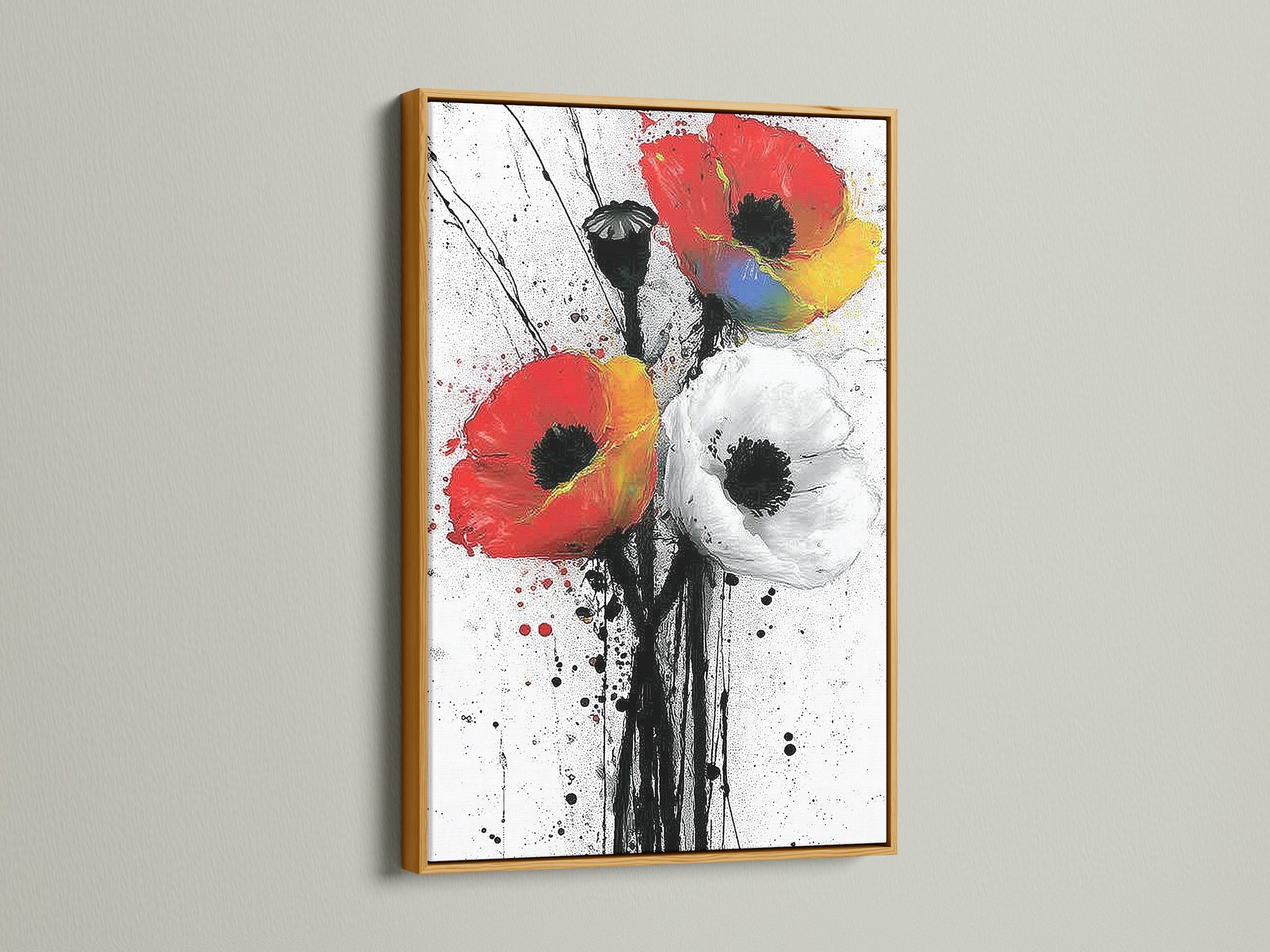 Abstract Poppy artwork in a gold frame. The red and white floral print makes a statement. This modern botanical artwork is a luxurious addition to any room. It enhances bedroom wall decor or office wall art. The golden frame adds a touch of elegance to your living space.