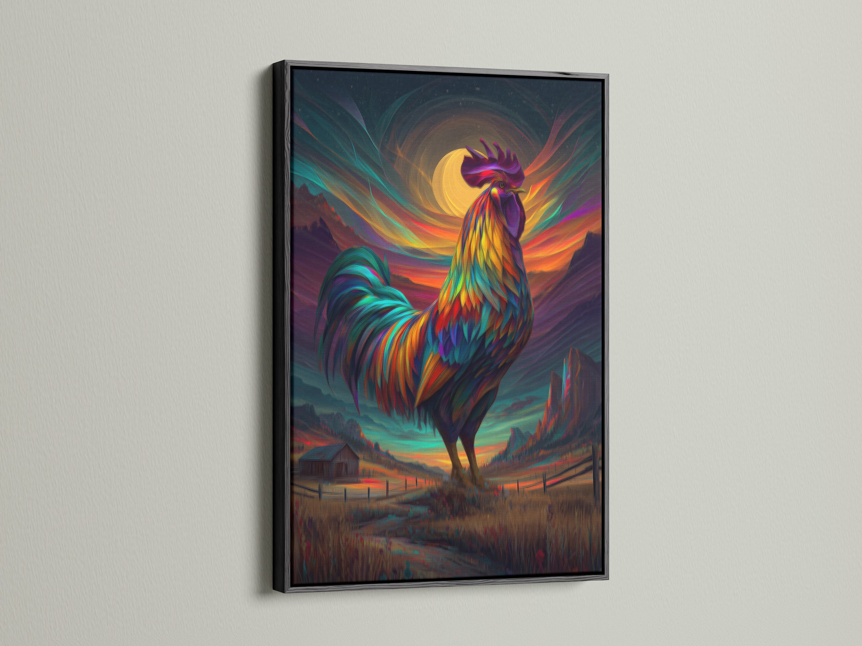 A striking rooster artwork is elegantly framed in black. This farm animal print adds sophistication to your decor. The vibrant animal artwork is perfect for creating a focal point. Enhance your country home or cafe with this unique piece.