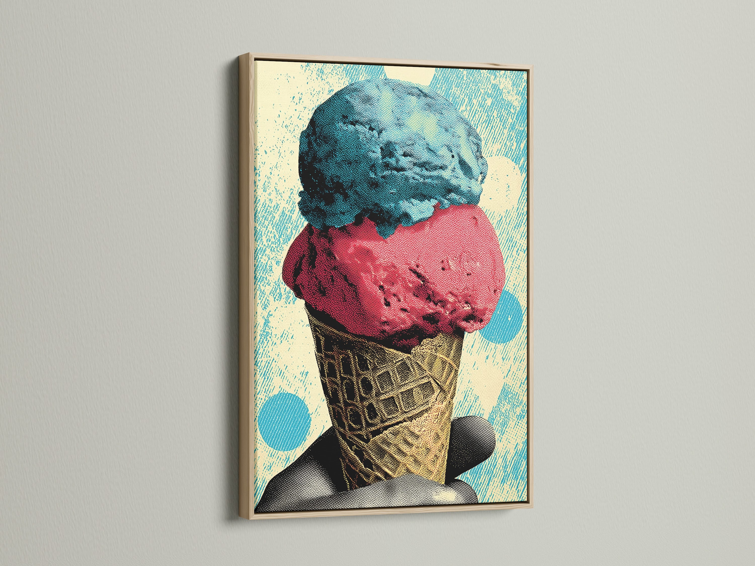A close-up of a framed ice cream artwork. The frame showcases a natural oak finish. This oak frame adds warmth and character to the piece. Perfect for a cozy and inviting atmosphere.