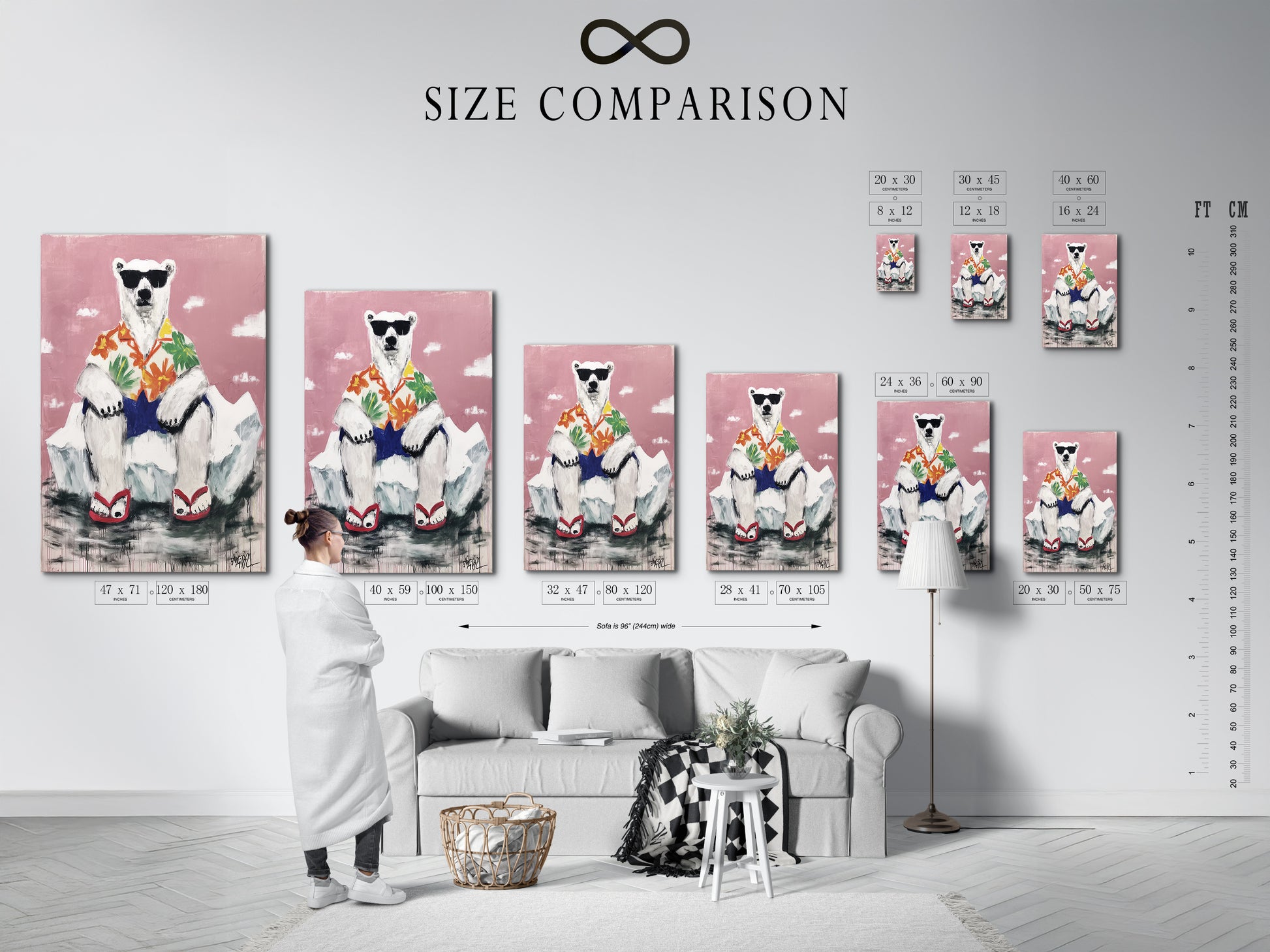 Size comparison chart featuring a cool polar bear canvas in interior. This funny animal print is available in various sizes. Find the perfect fit for your space. Tropical wall art for any room.