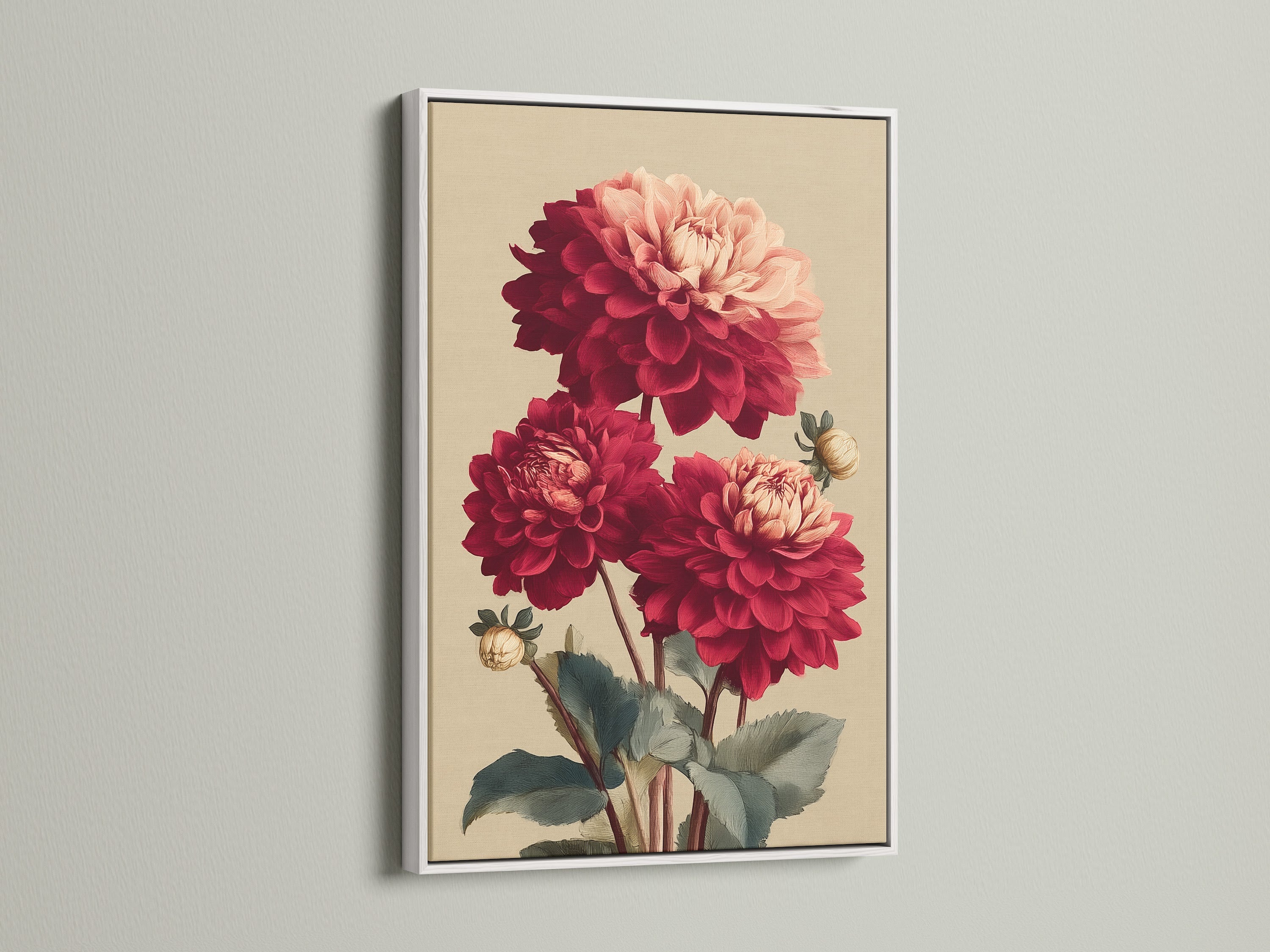 Dahlia Botanical Print with a white frame. The clean white frame highlights the vibrant red flower. This botanical canvas enhances Victorian style decor. It is ideal for creating a focal point.