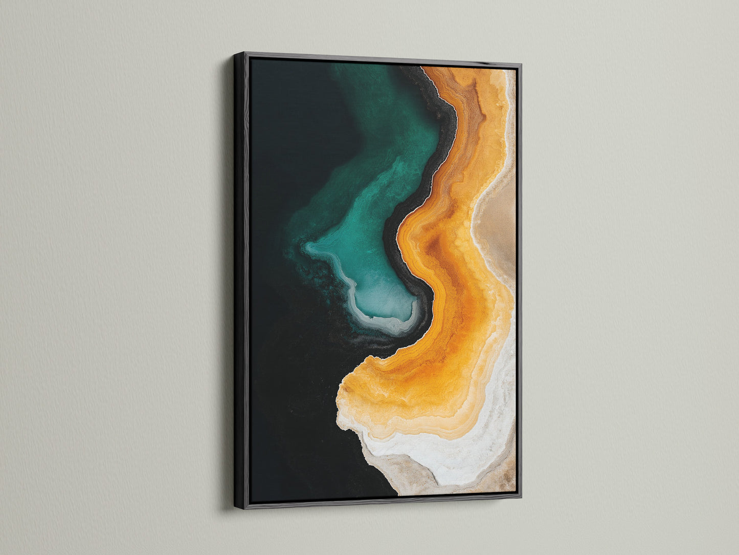 Artwork presented in a sleek black frame. The black frame adds a touch of sophistication. It creates a striking contrast with the artwork. This option is versatile for various interior styles. It provides a bold statement to complement any decor.