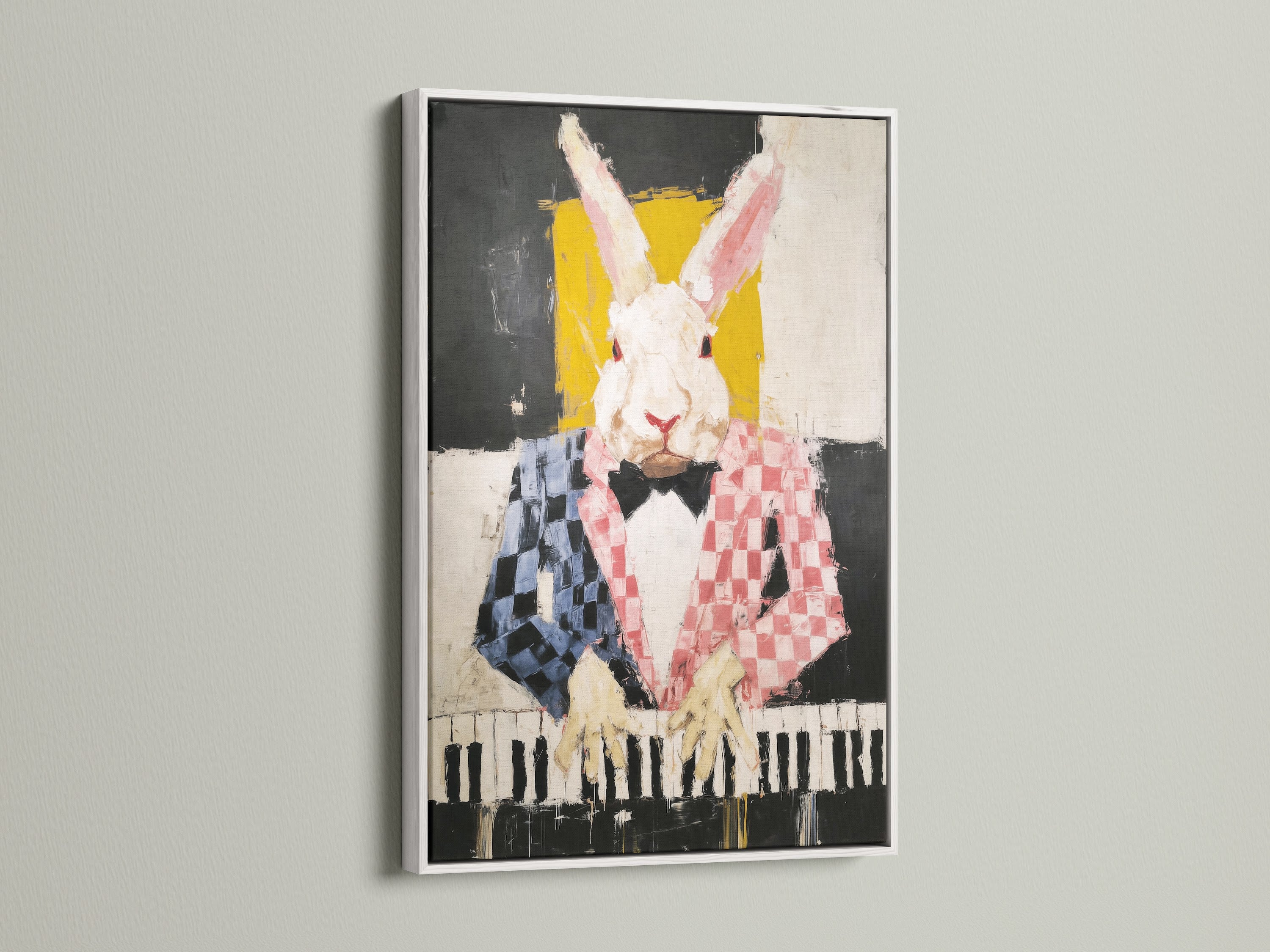 A white frame elegantly displays the rabbit pianist art. This whimsical wall art enhances any room. The white frame brings a clean and modern look to the colorful bunny artwork. Ideal for adding abstract animal art to your home. This music-themed decor is a perfect gift for art lovers.