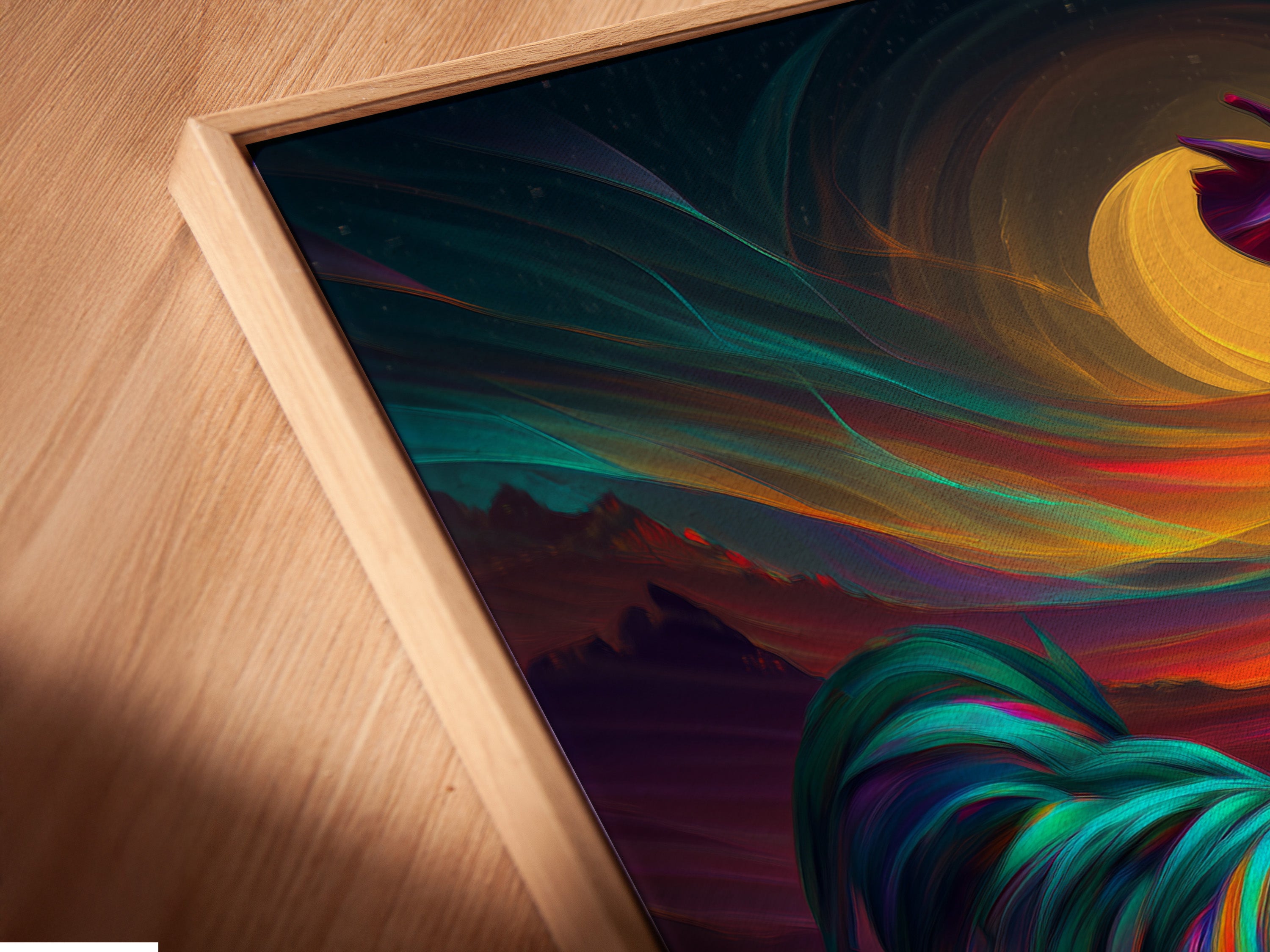 A close-up angled view shows a canvas print in a floating frame. The rooster artwork is displayed with exquisite detail. This farm animal print adds a modern touch to rustic decor. Perfect for homeowners and restaurant owners seeking unique wall art.