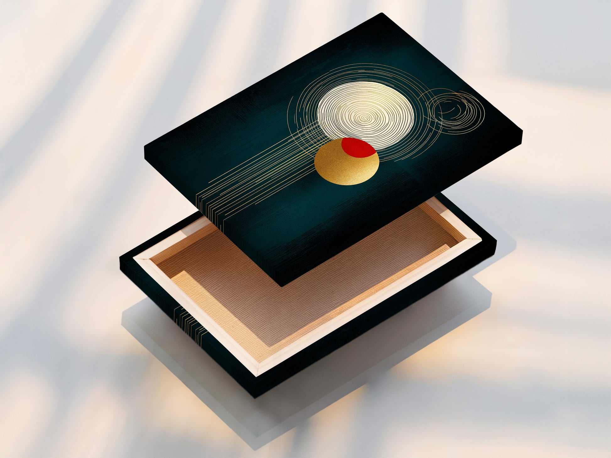 This is a stretched canvas print of an abstract geometric artwork. The artwork features emerald green gold and red accents. Ready to hang and elevate your space. A perfect statement piece.