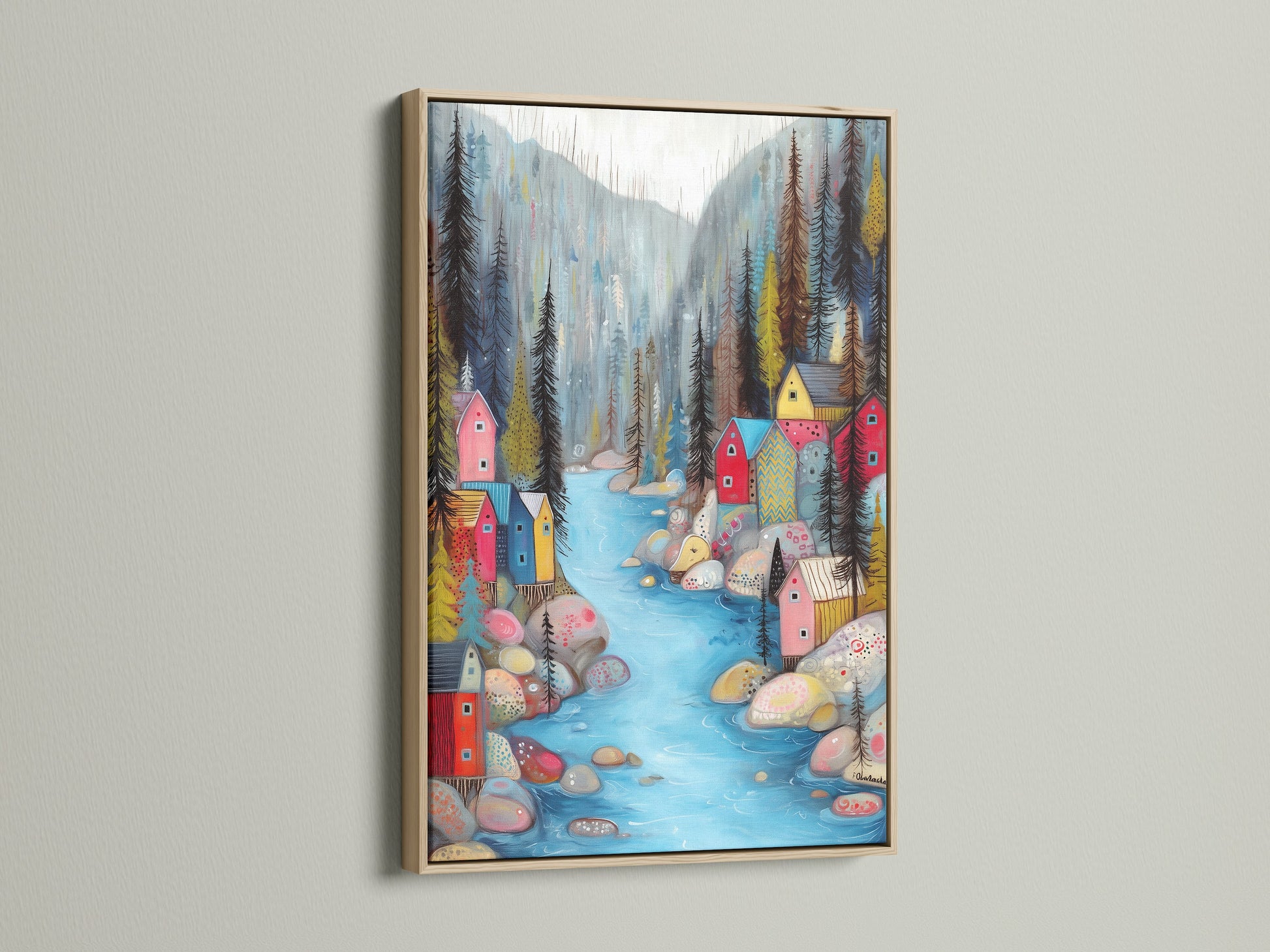 Village River canvas print in an oak frame. The colorful Scandinavian art adds a playful touch. It is perfect for home decor. The oak frame enhances the artwork's natural beauty. It brings warmth and character to any space. This piece is ideal for living rooms or bedrooms.