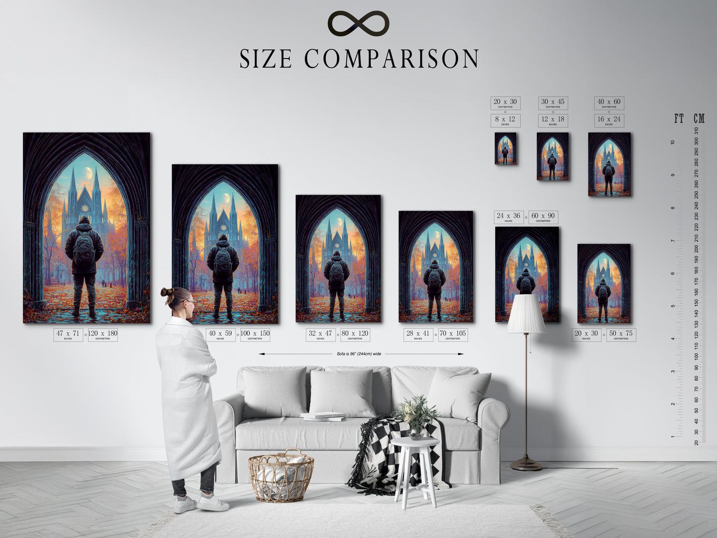 A size comparison chart displayed in a stylish interior. See how the cathedral print fits various spaces. Plan your perfect gothic wall art arrangement. Visualize the impact of architecture art in your home. Choose the ideal size for your autumn landscape masterpiece. Transform your space today.