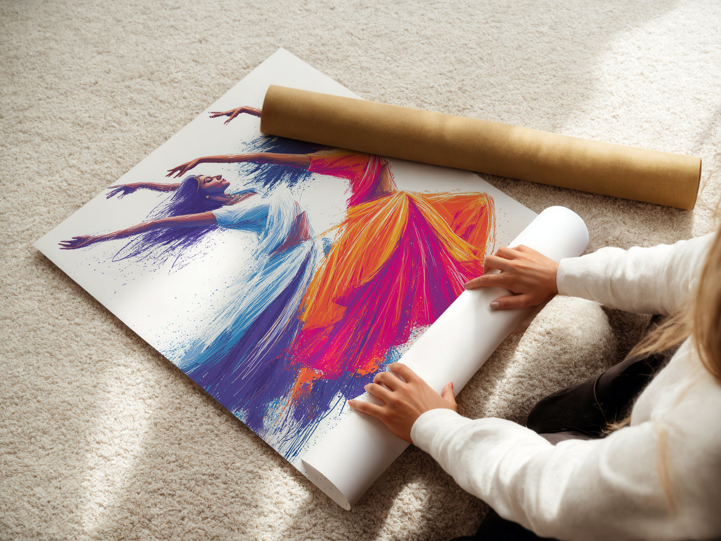 A woman is carefully rolling a fine art poster paper. The paper features the Indian Dancers artwork. This high-quality print captures vibrant colors. It is perfect for adding cultural art to your walls.