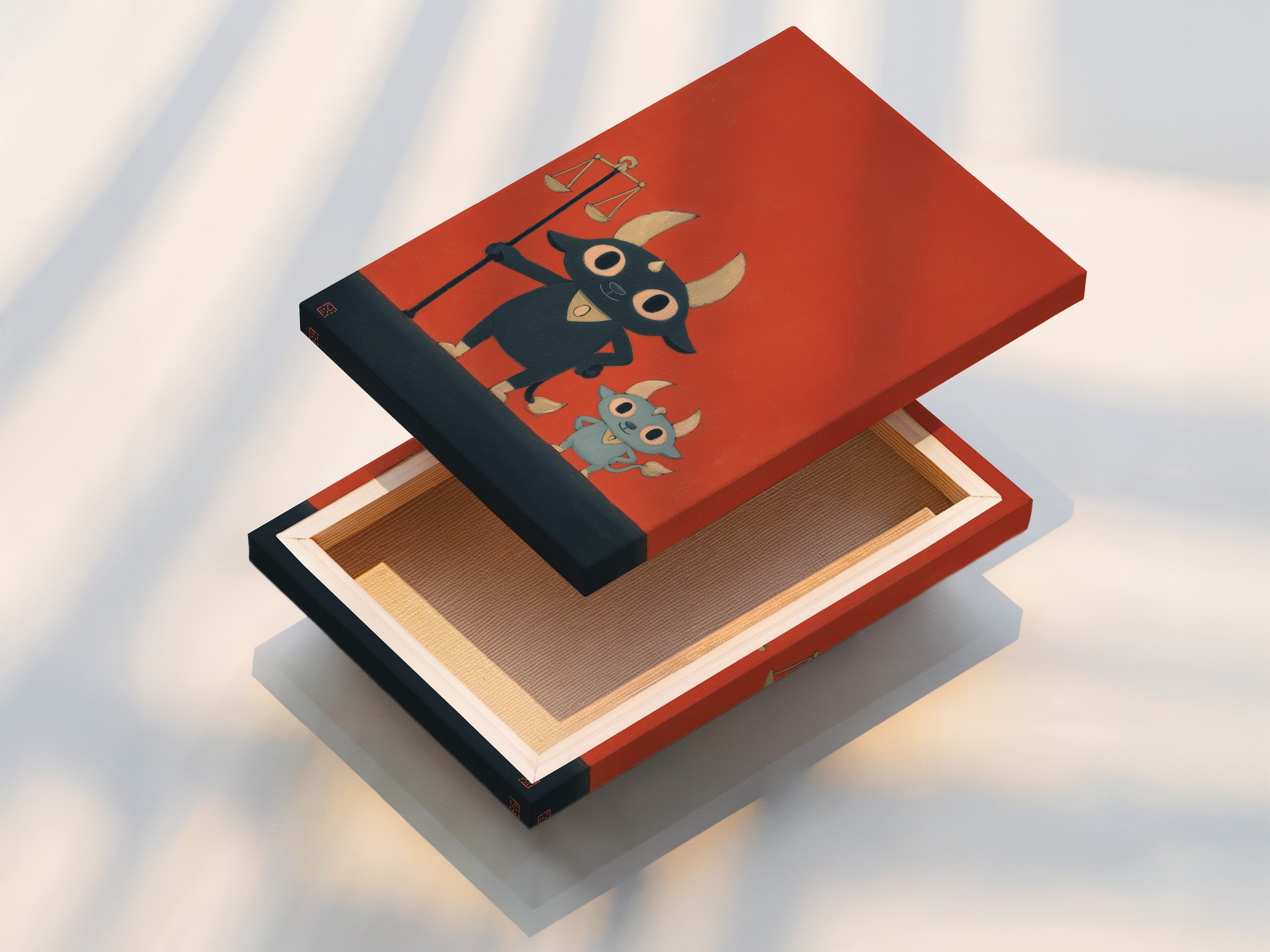 This is a stretched canvas print of the Justice Bull artwork. The cartoon legal art is ready to hang. It is great for legal office decor. It makes a unique lawyer gift. The cute animal print adds a playful touch to any law firm or office wall.