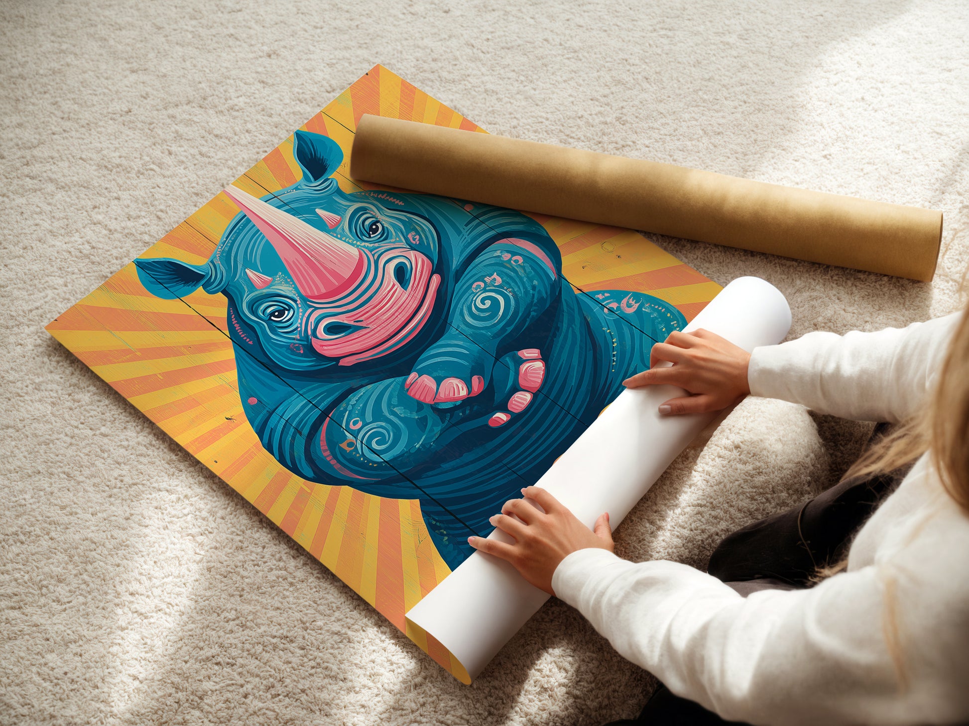 A woman carefully rolls a fine art poster paper. She is preserving the quality of the rhino artwork. This ensures it arrives in perfect condition for framing. Fine art posters offer a versatile option. Perfect for creating custom wall displays.