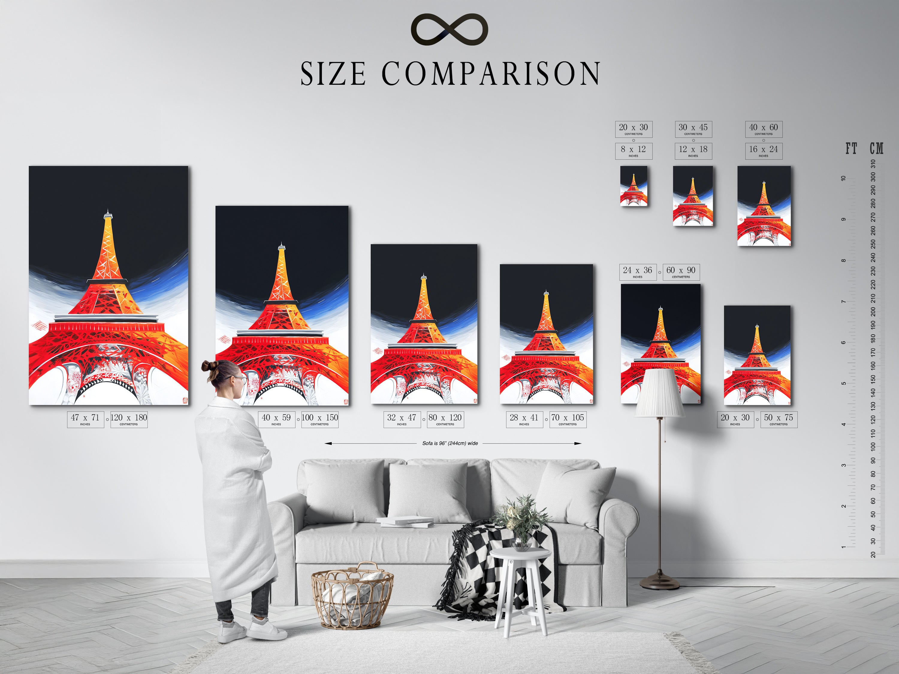 A size comparison chart shows how our Eiffel Tower artwork looks in different interior settings. Visualize the perfect size for your living room wall art or office wall decor. See how our prints complement various spaces and styles.