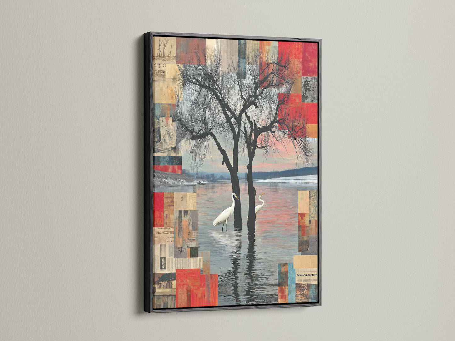 Crane Bird Abstract Lake Canvas with a black frame. This modern nature artwork offers a striking contrast. The black frame highlights the vibrant colors and intricate details. Enhance your office or living room wall art with this piece.