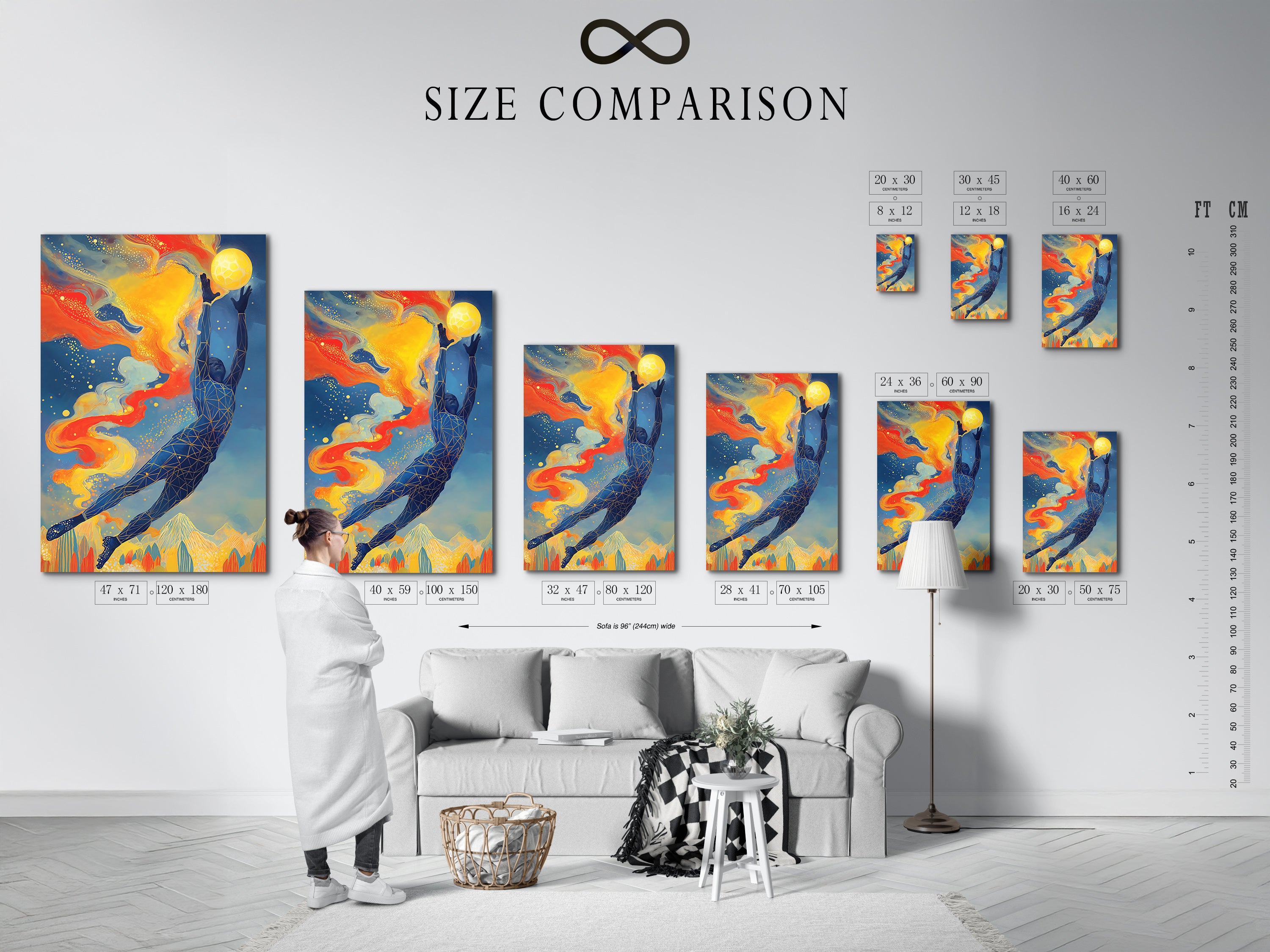 A size comparison chart displayed in an interior setting. This chart helps you visualize the perfect dimensions for your whale art print. Choose the ideal size to complement your space whether it be geometric ocean wall art or marine life canvas.