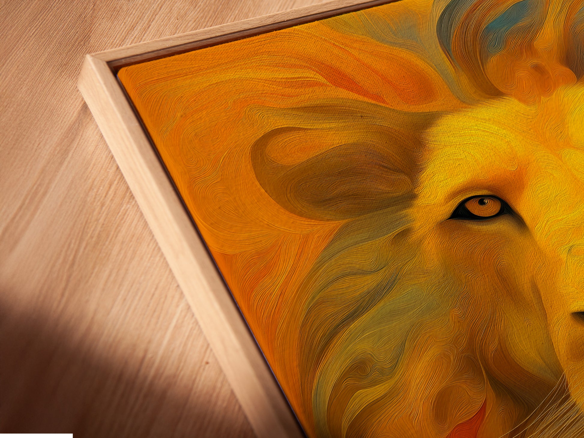 A close-up angled view of a canvas print in a floating frame. The floating frame gives the illusion of art suspended in air. It adds a modern and minimalist touch. Showcase your artwork with this sleek framing option. Perfect for contemporary art displays. Discover new ways to display your art.