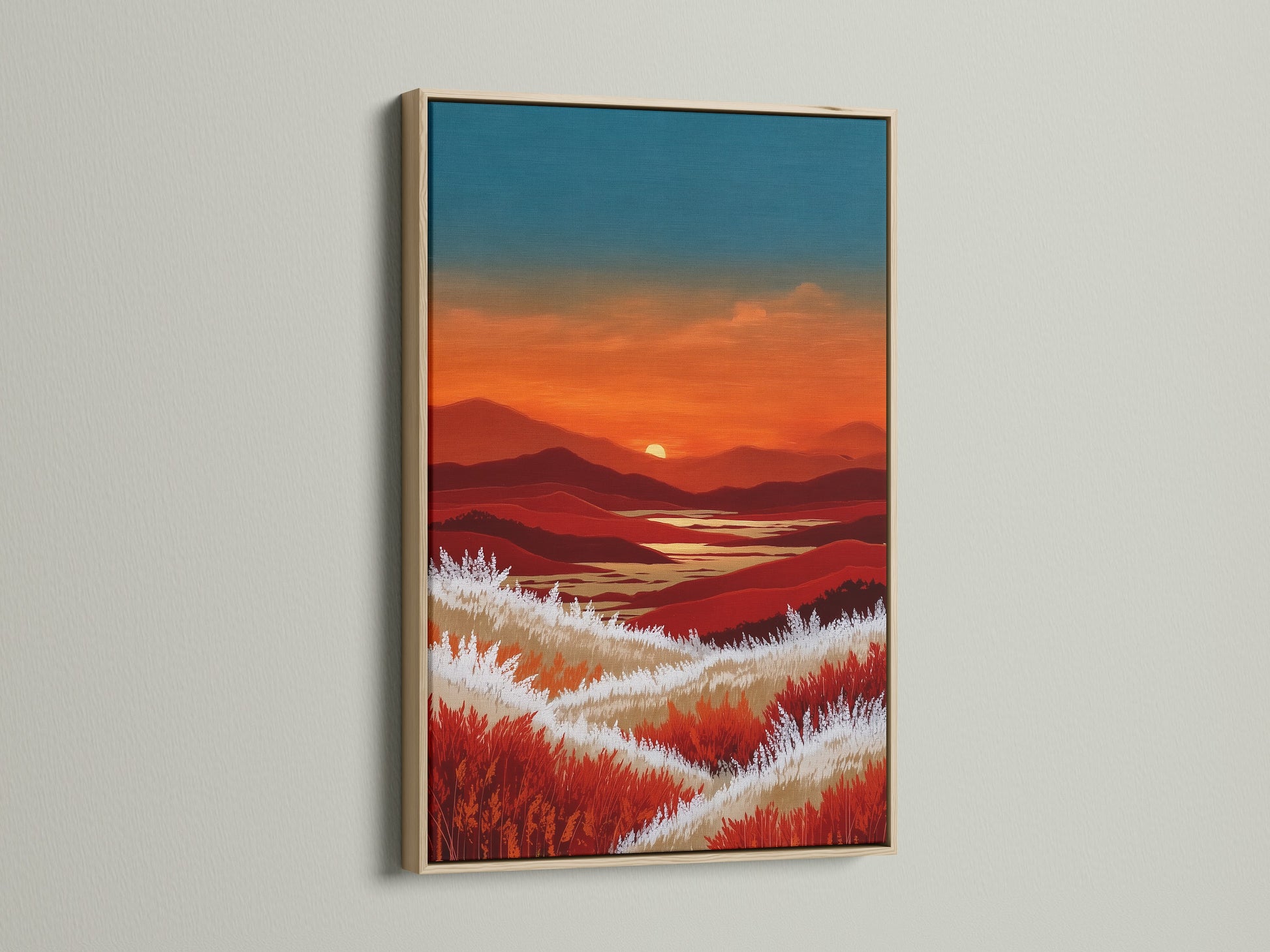 A mountain sunset artwork is beautifully showcased in an oak frame. The warm orange and teal landscape creates a serene and inviting atmosphere. Perfect for adding a touch of modern nature photography to your bedroom decor. The oak frame enhances the rustic charm of the artwork.